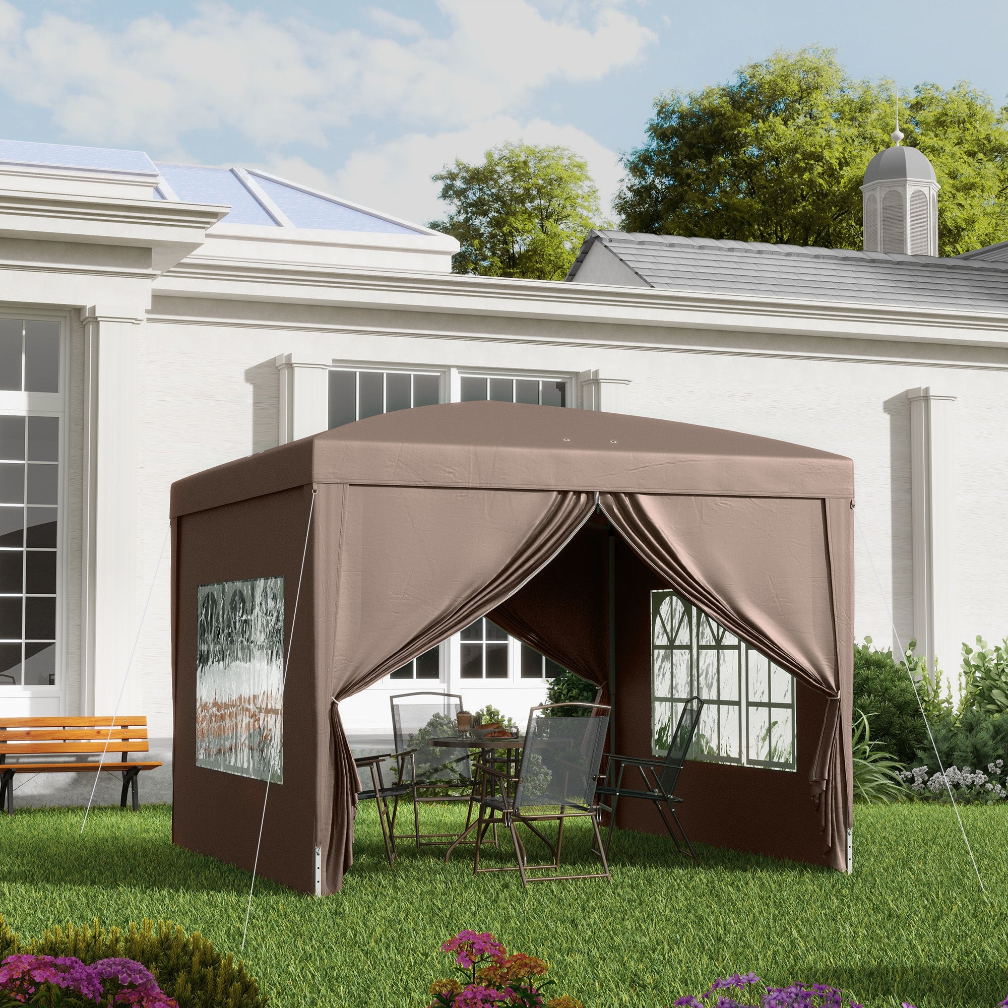 Outsunny 10'x10' Outdoor Pop Up Party Tent Gazebo Canopy with Carrying Bag (Coffee)