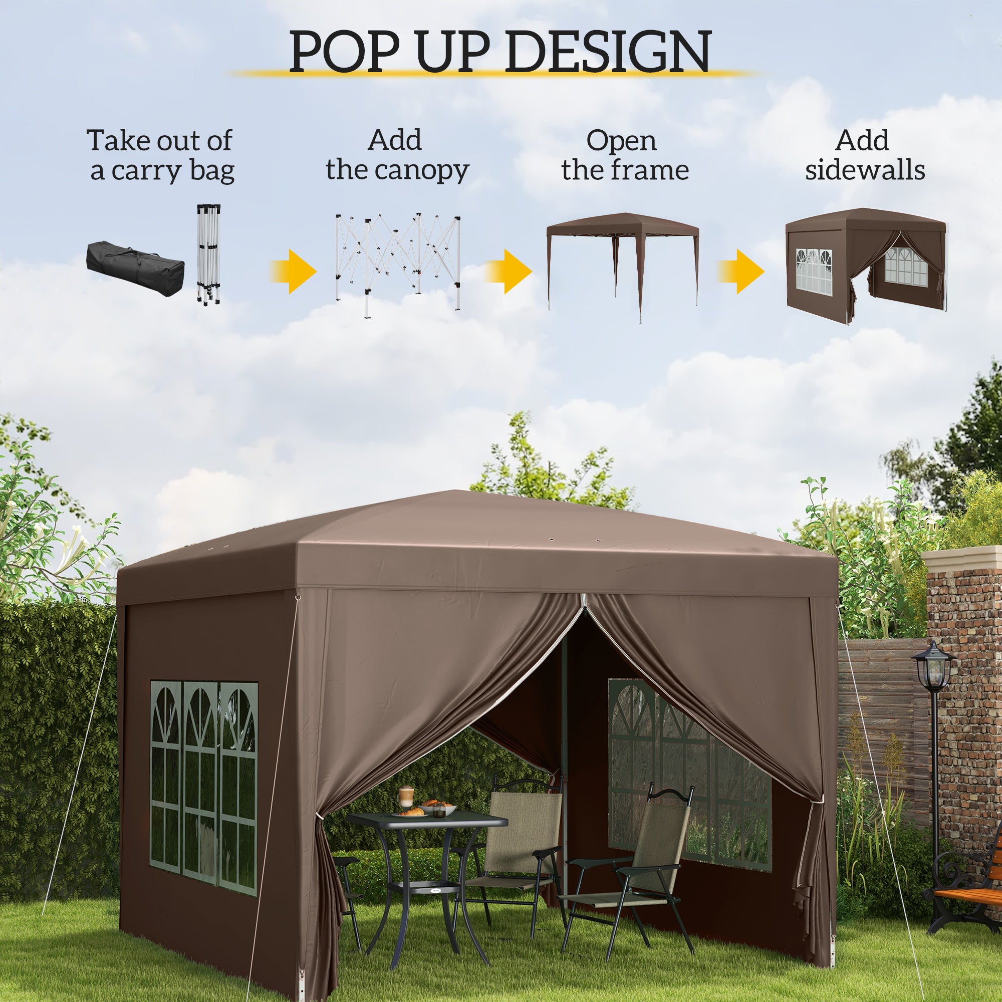 Outsunny 10'x10' Outdoor Pop Up Party Tent Gazebo Canopy with Carrying Bag (Coffee)