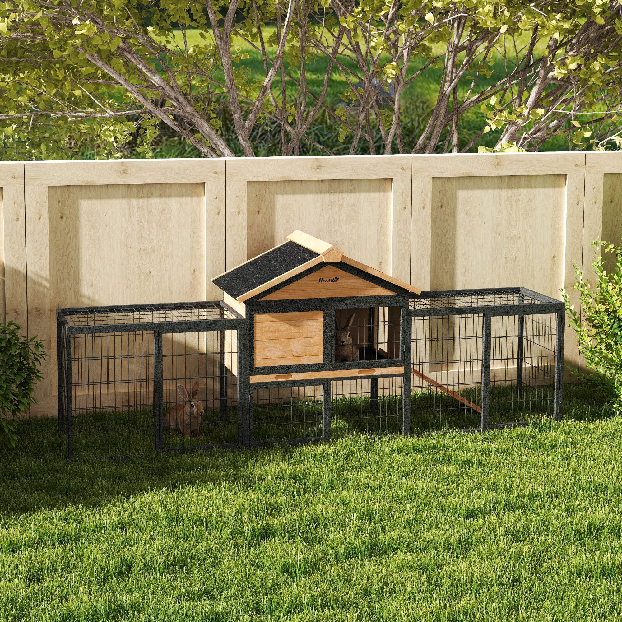 PawHut Rabbit Hutch Outdoor, 85" Large Wooden Bunny Cage with Steel Run, Removable No Leakage Tray, Waterproof Roof, Ramp, Metal Frame Guinea Pig Cage for 2-3 Small Animals Backyard Garden