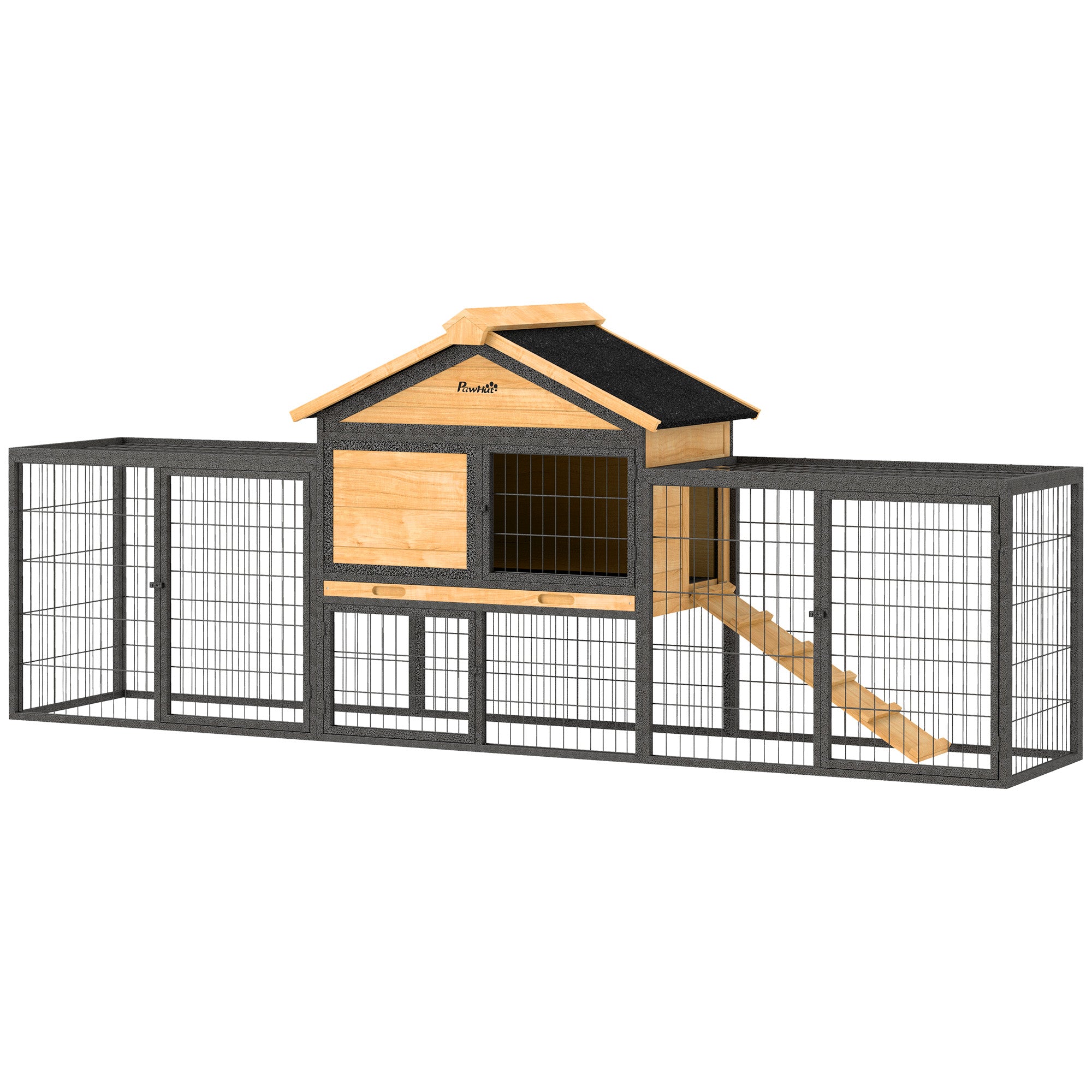 PawHut Rabbit Hutch Outdoor, 85" Large Wooden Bunny Cage with Steel Run, Removable No Leakage Tray, Waterproof Roof, Ramp, Metal Frame Guinea Pig Cage for 2-3 Small Animals Backyard Garden