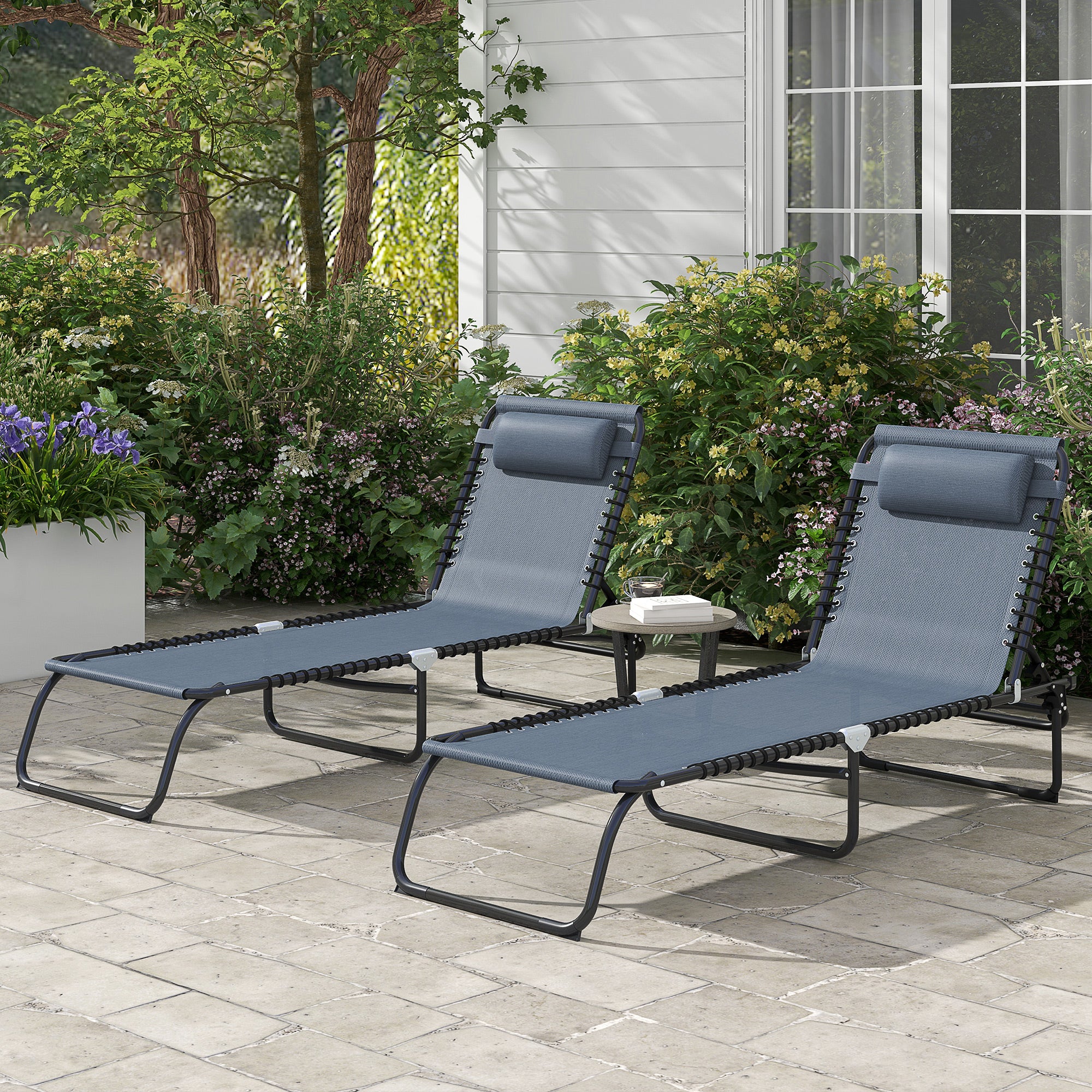 Outsunny 2 Pieces Folding Lounge Chairs, 4-Level Adjustable Chaise Lounges with Headrest, Tanning Chair Beach Beds, Reclining Lounger Cot for Camping, Hiking, Backyard, Grey