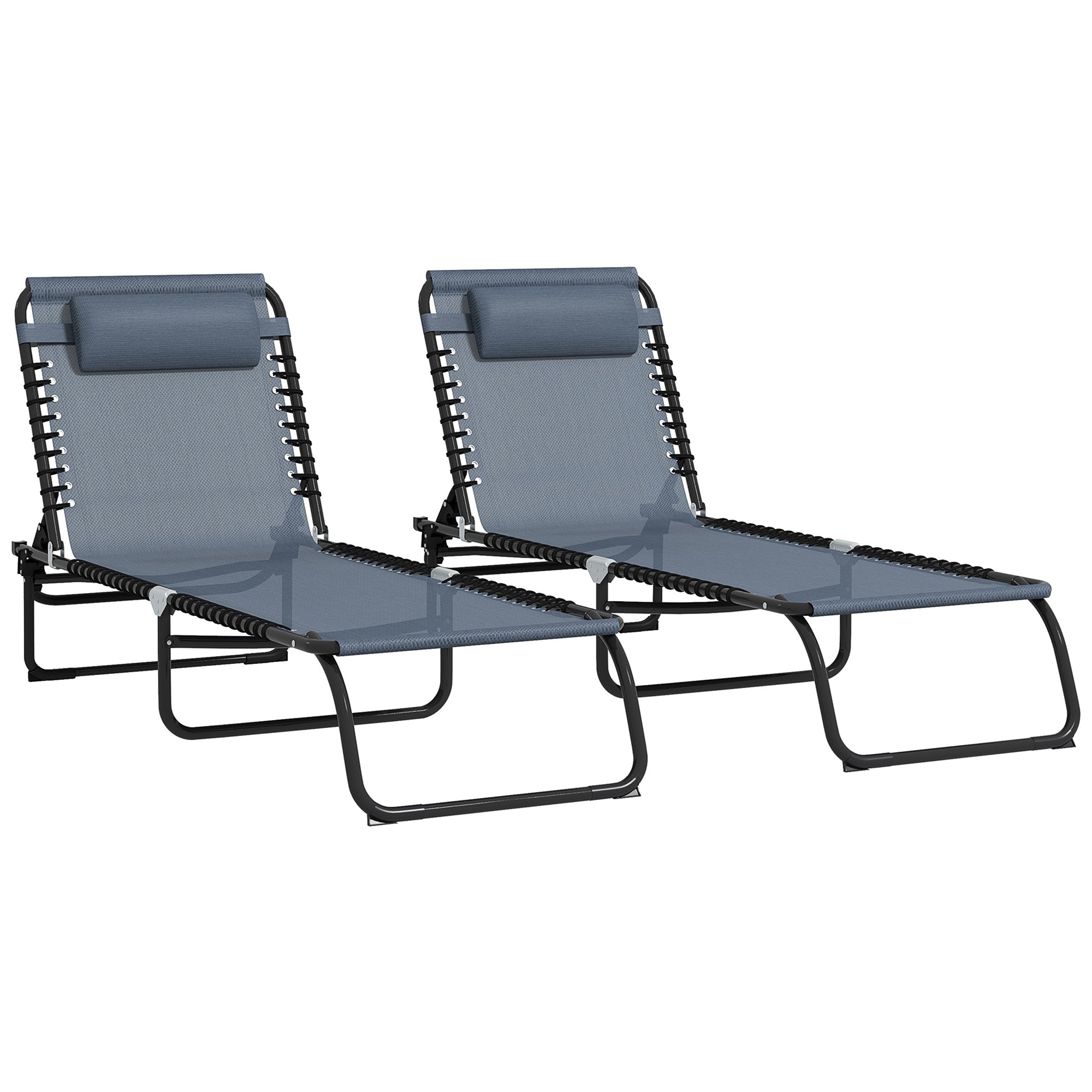 Outsunny 2 Pieces Folding Lounge Chairs, 4-Level Adjustable Chaise Lounges with Headrest, Tanning Chair Beach Beds, Reclining Lounger Cot for Camping, Hiking, Backyard, Grey