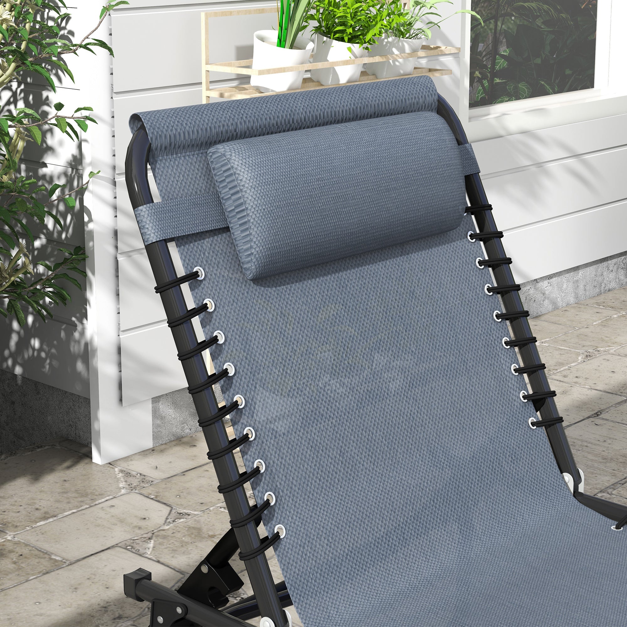 Outsunny 2 Pieces Folding Lounge Chairs, 4-Level Adjustable Chaise Lounges with Headrest, Tanning Chair Beach Beds, Reclining Lounger Cot for Camping, Hiking, Backyard, Grey