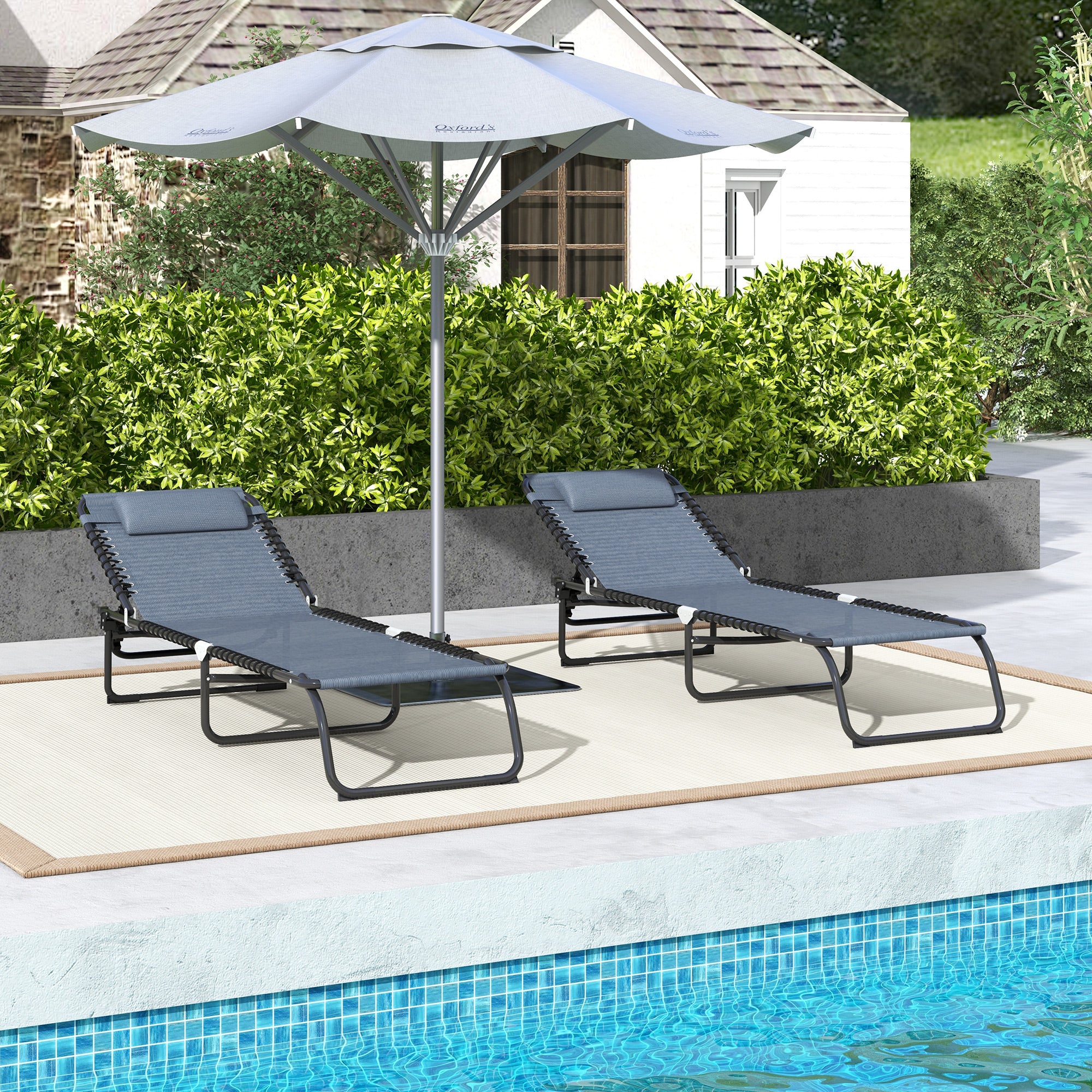Outsunny 2 Pieces Folding Lounge Chairs, 4-Level Adjustable Chaise Lounges with Headrest, Tanning Chair Beach Beds, Reclining Lounger Cot for Camping, Hiking, Backyard, Grey