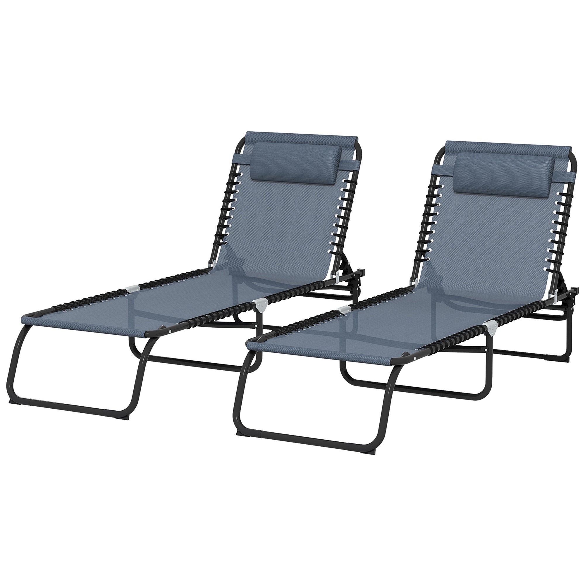Outsunny 2 Pieces Folding Lounge Chairs, 4-Level Adjustable Chaise Lounges with Headrest, Tanning Chair Beach Beds, Reclining Lounger Cot for Camping, Hiking, Backyard, Grey