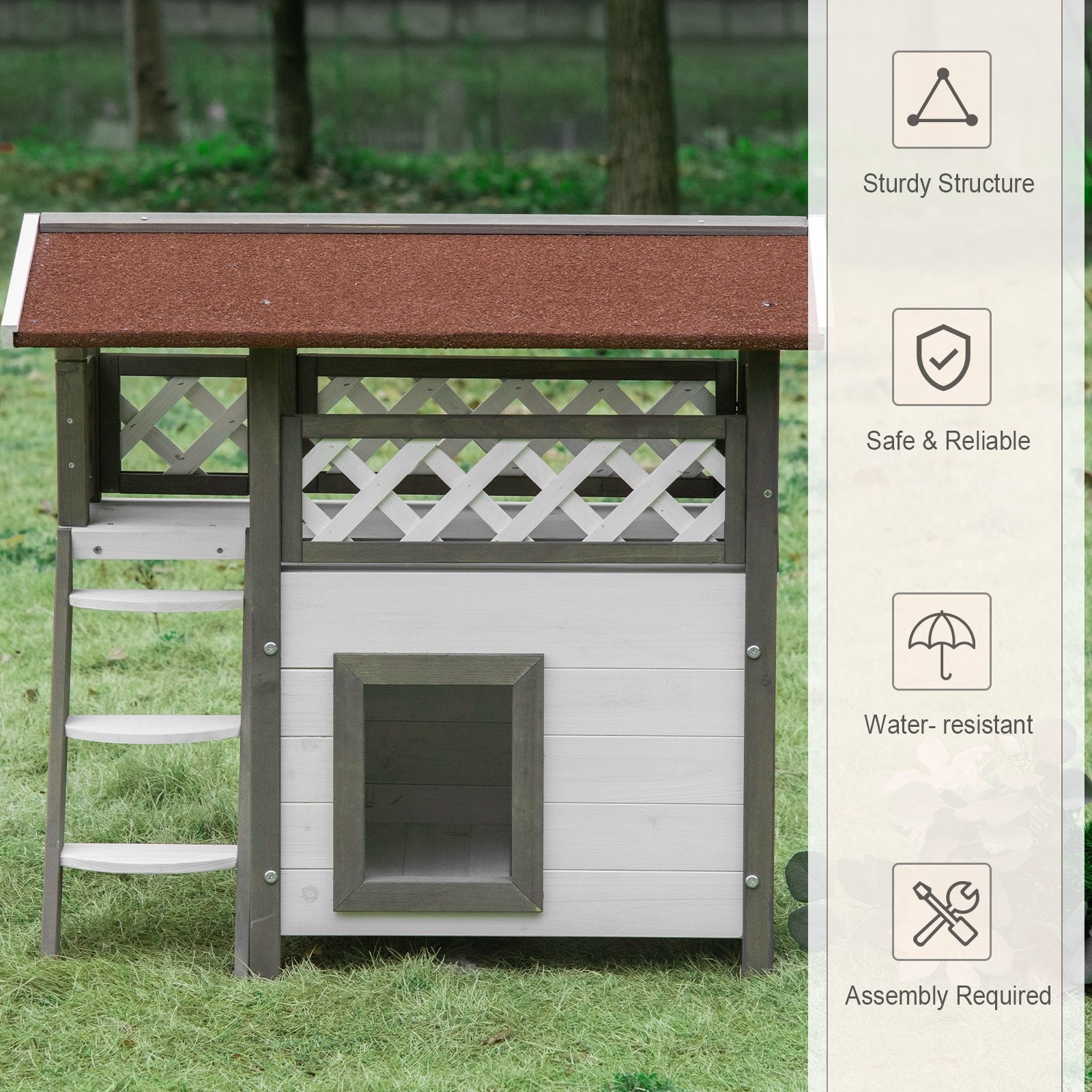 PawHut Outdoor Cat House, 2-Story Shelter for Feral Cats, Wooden Kitten Condo with Asphalt Roof, Stairs, Balcony, 30" x 20" x 29", Grey