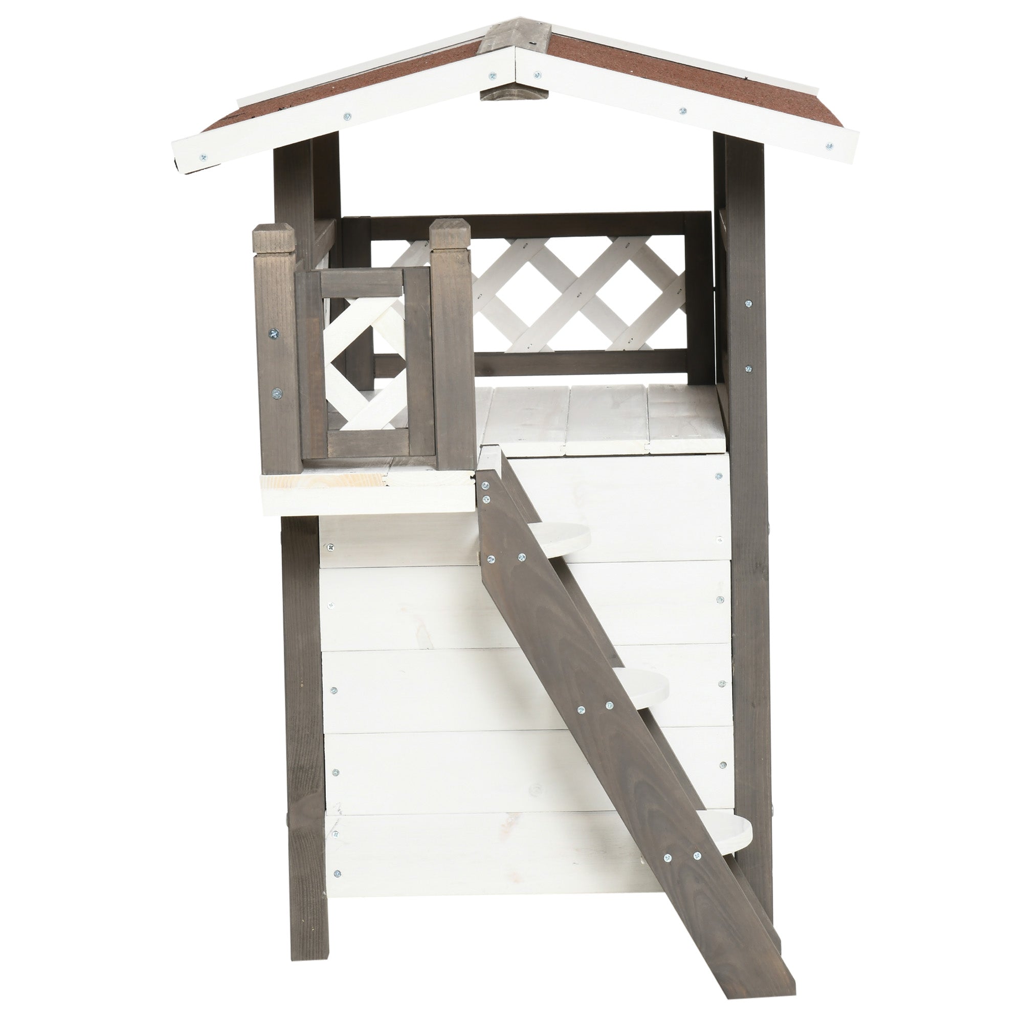 PawHut Outdoor Cat House, 2-Story Shelter for Feral Cats, Wooden Kitten Condo with Asphalt Roof, Stairs, Balcony, 30" x 20" x 29", Grey