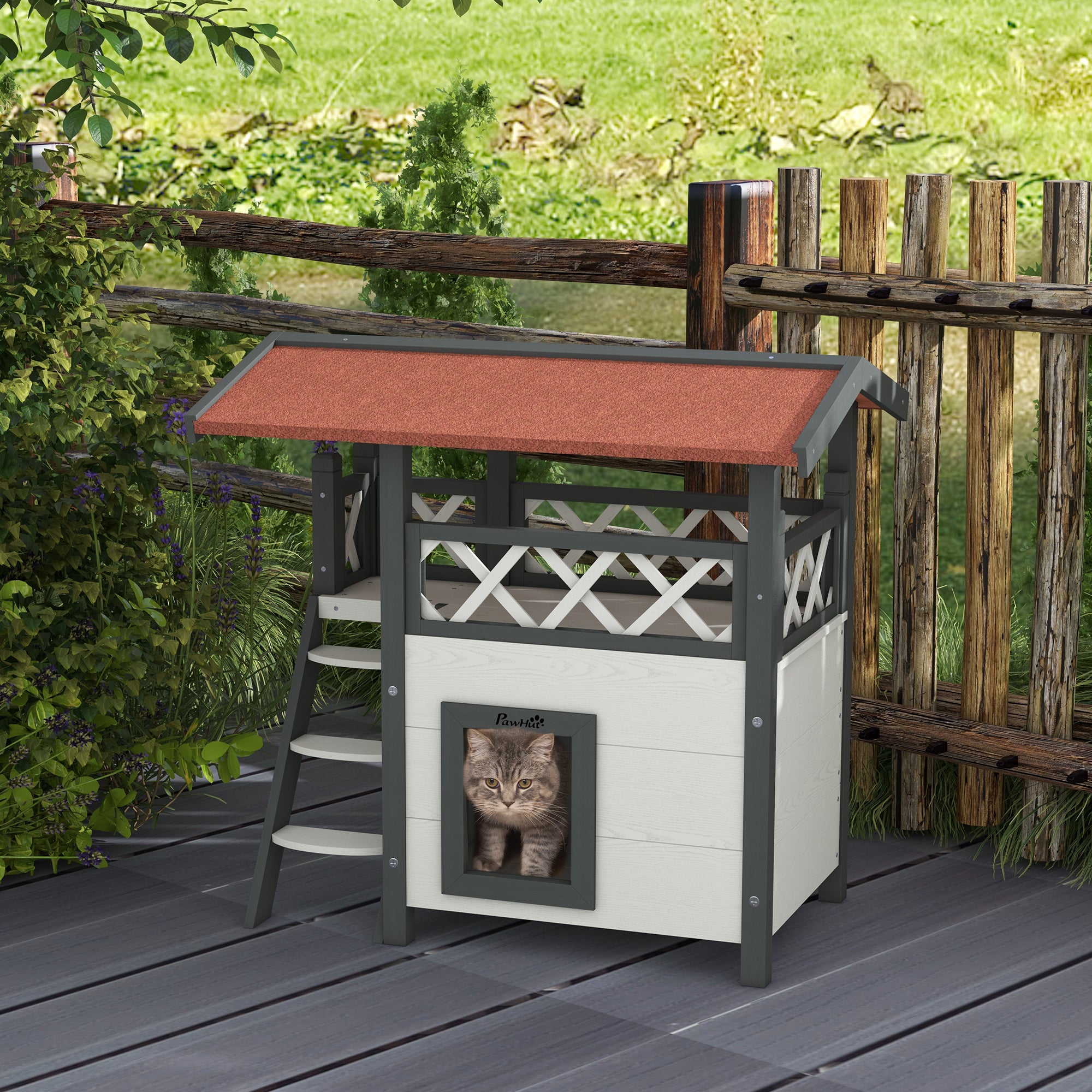 PawHut Cat House Outdoor, Wooden Feral Cat House with Balcony Stairs Asphalt Waterproof 77L x 50W x 73Hcm - White