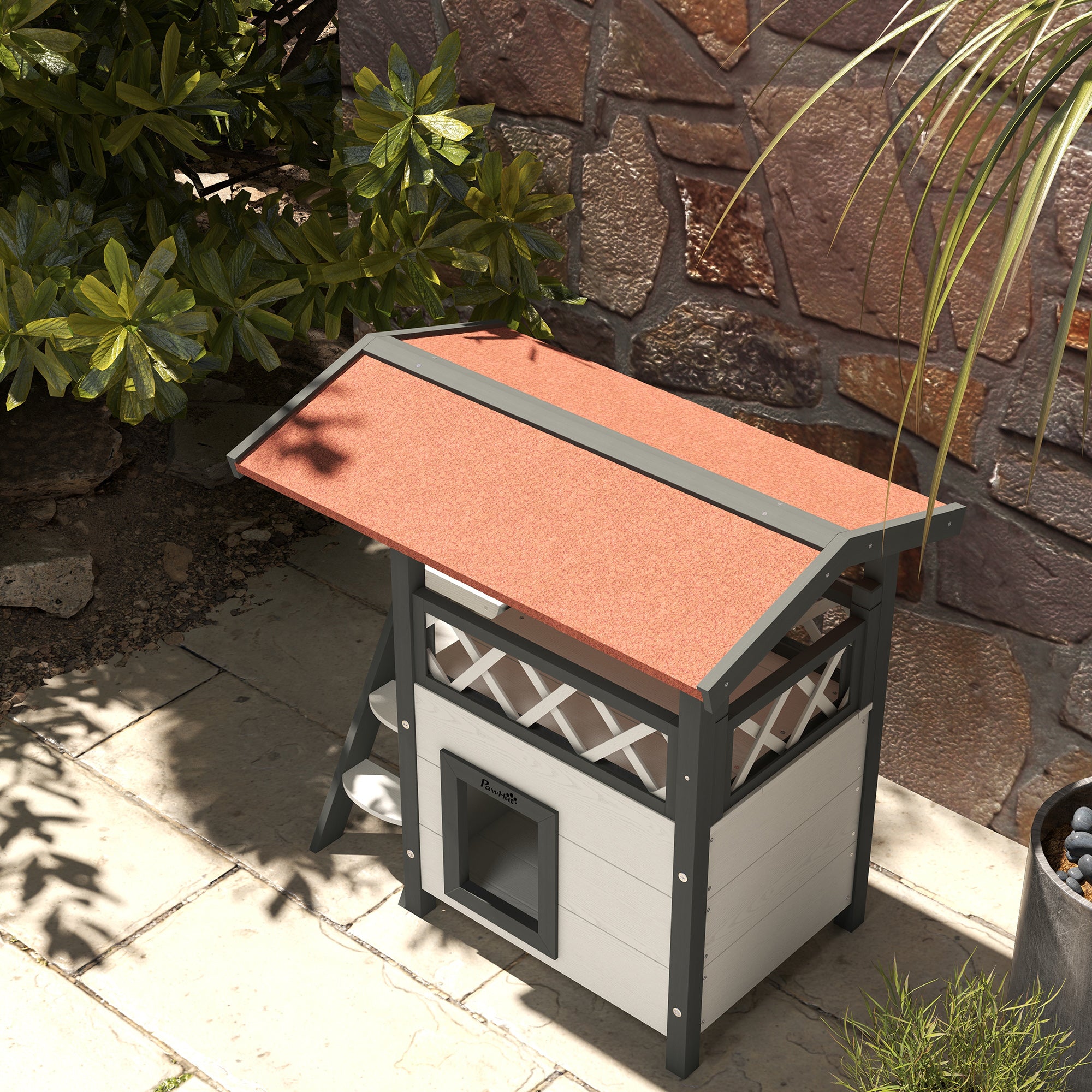 PawHut Cat House Outdoor, Wooden Feral Cat House with Balcony Stairs Asphalt Waterproof 77L x 50W x 73Hcm - White