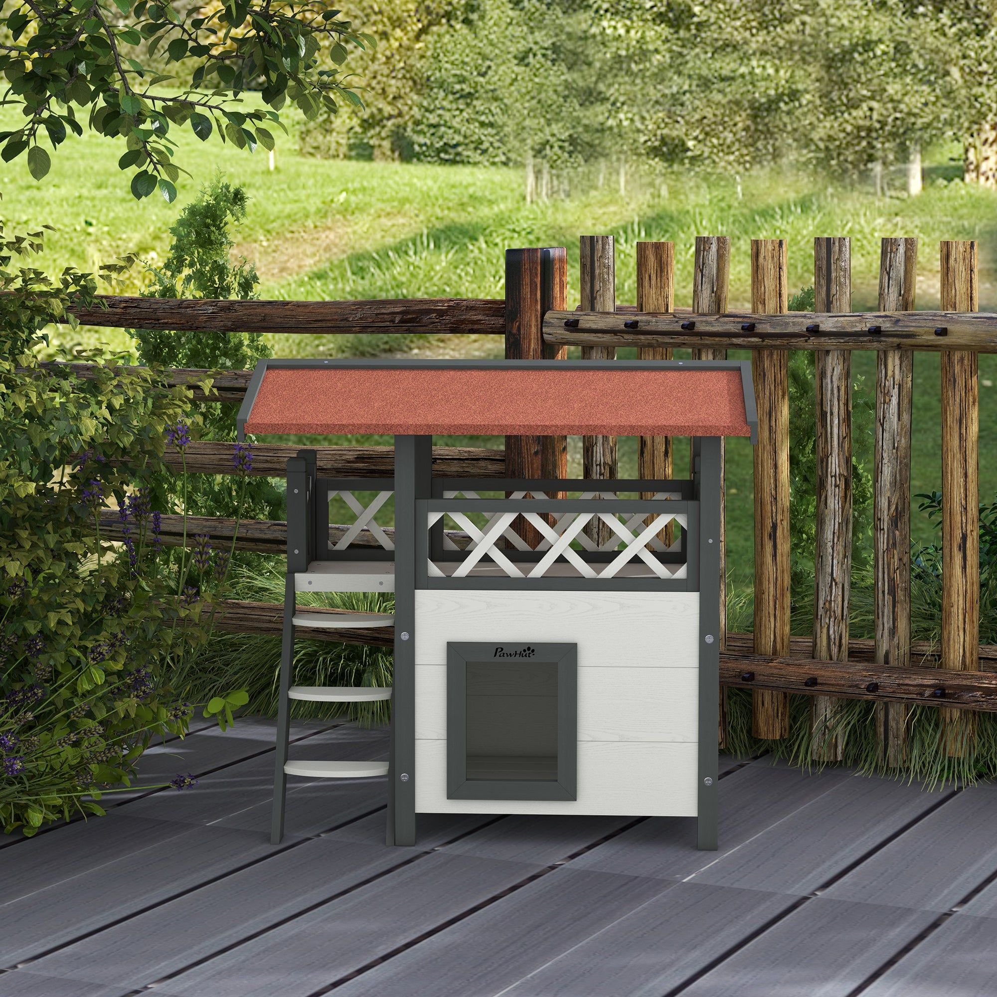 PawHut Cat House Outdoor, Wooden Feral Cat House with Balcony Stairs Asphalt Waterproof 77L x 50W x 73Hcm - White
