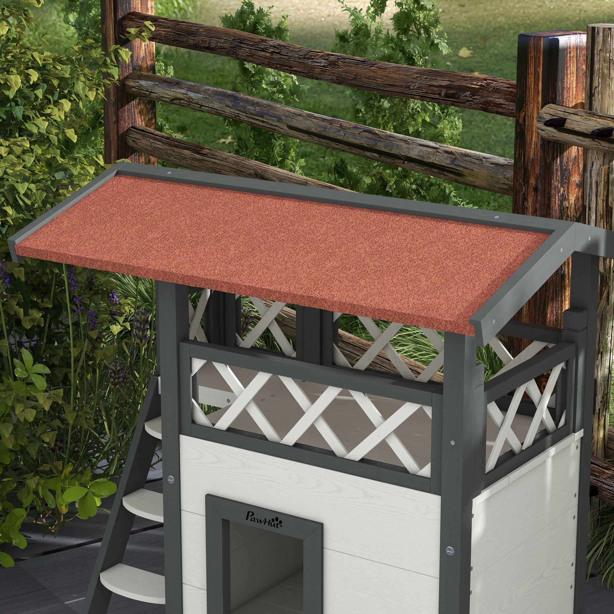 PawHut Cat House Outdoor, Wooden Feral Cat House with Balcony Stairs Asphalt Waterproof 77L x 50W x 73Hcm - White