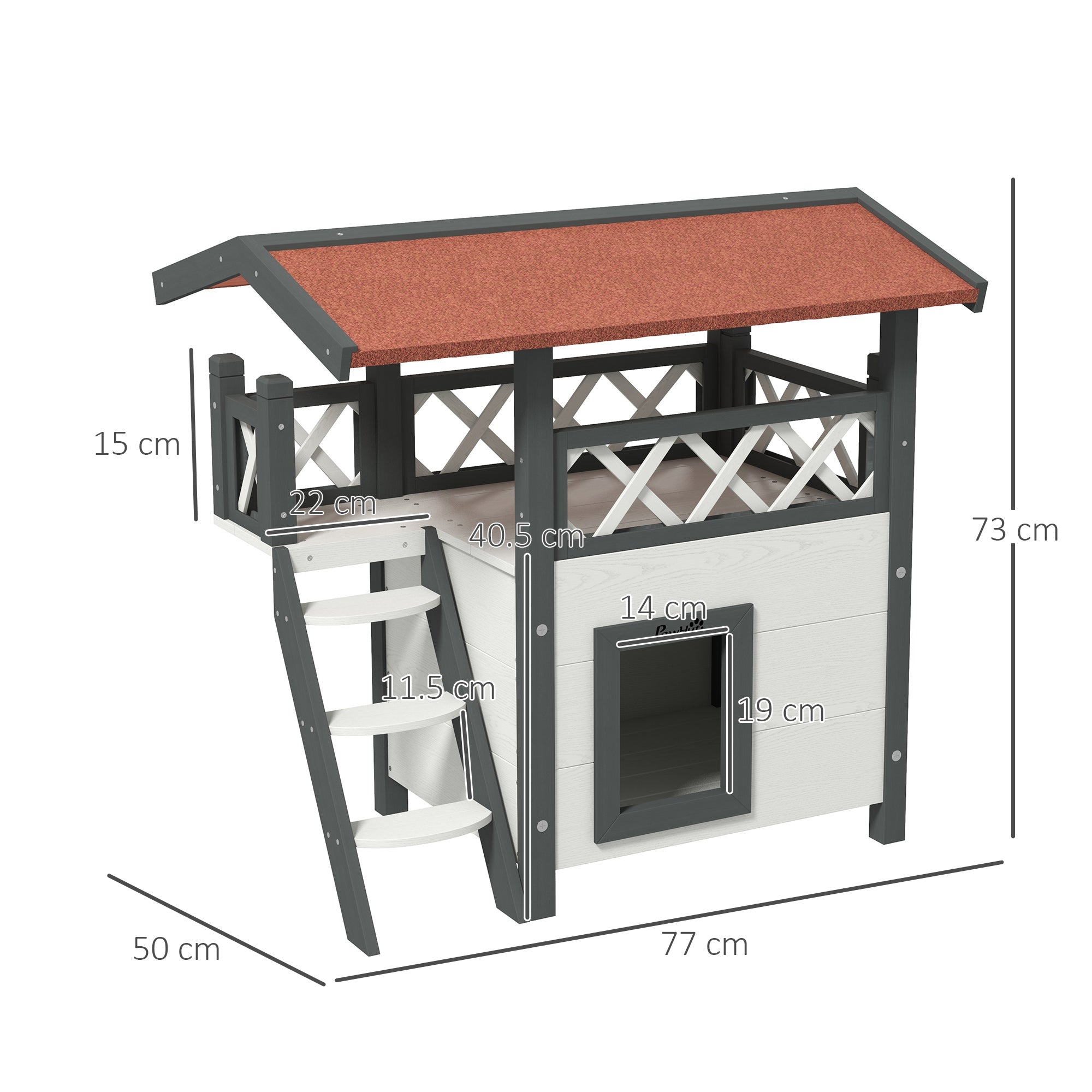 PawHut Cat House Outdoor, Wooden Feral Cat House with Balcony Stairs Asphalt Waterproof 77L x 50W x 73Hcm - White