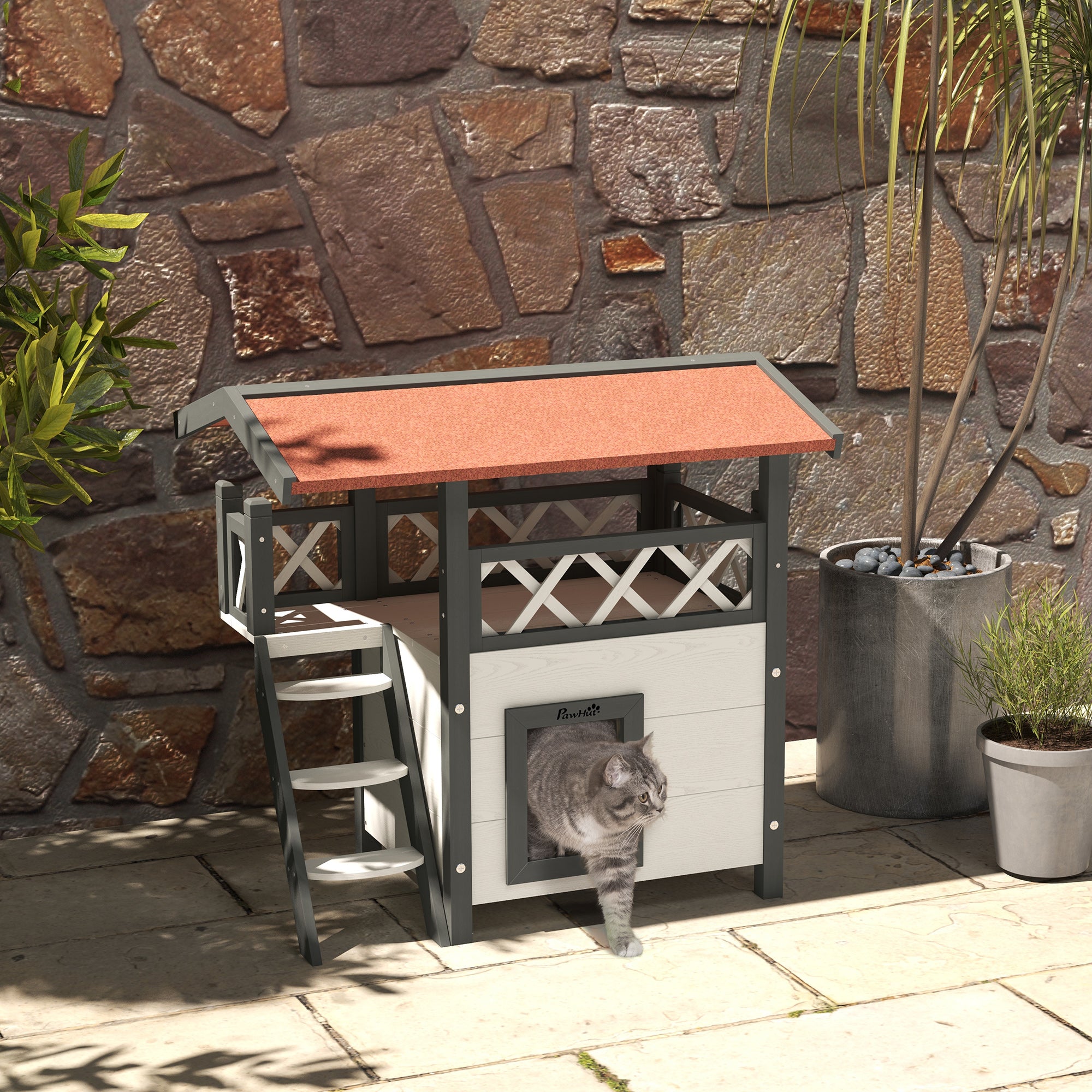 PawHut Cat House Outdoor, Wooden Feral Cat House with Balcony Stairs Asphalt Waterproof 77L x 50W x 73Hcm - White