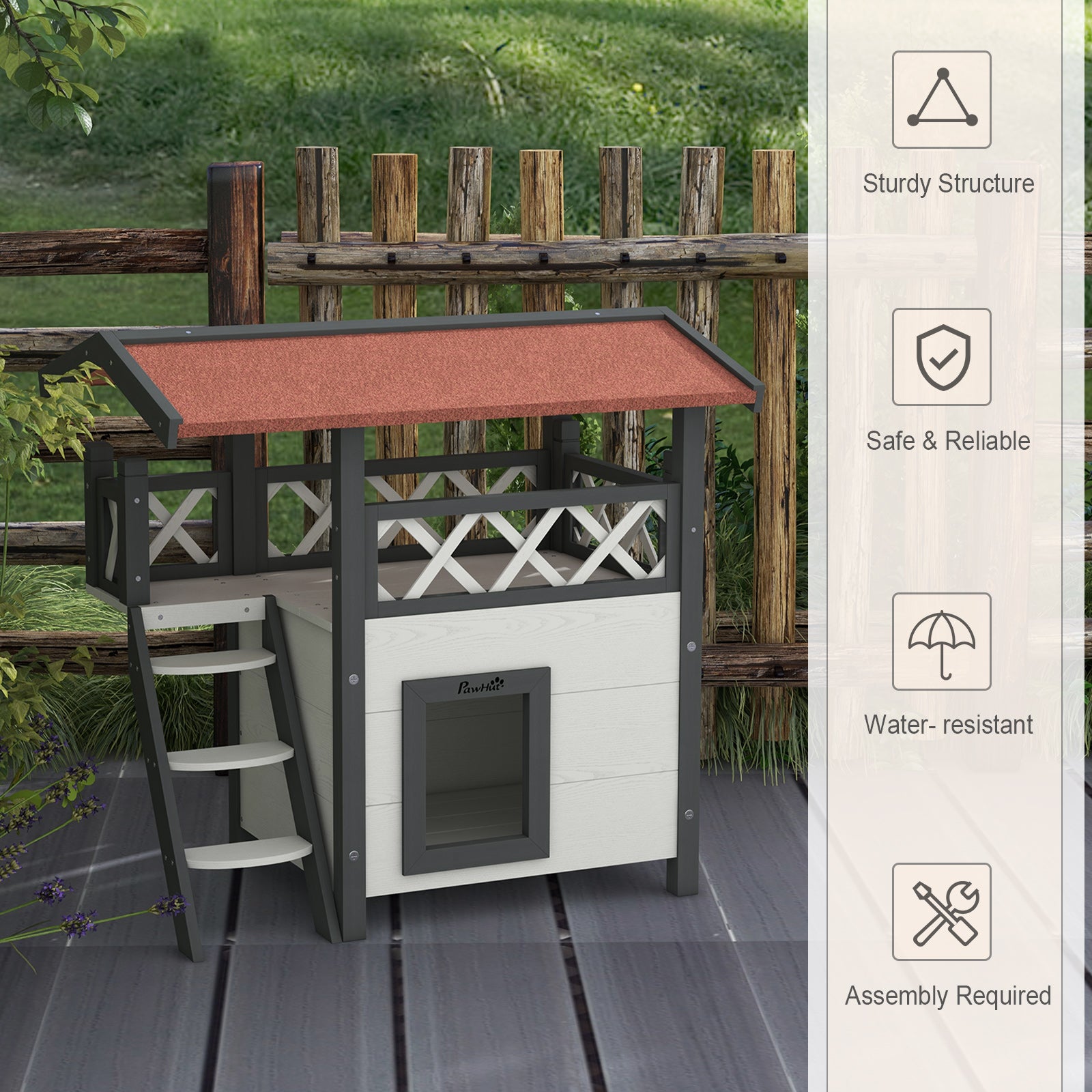 PawHut Cat House Outdoor, Wooden Feral Cat House with Balcony Stairs Asphalt Waterproof 77L x 50W x 73Hcm - White