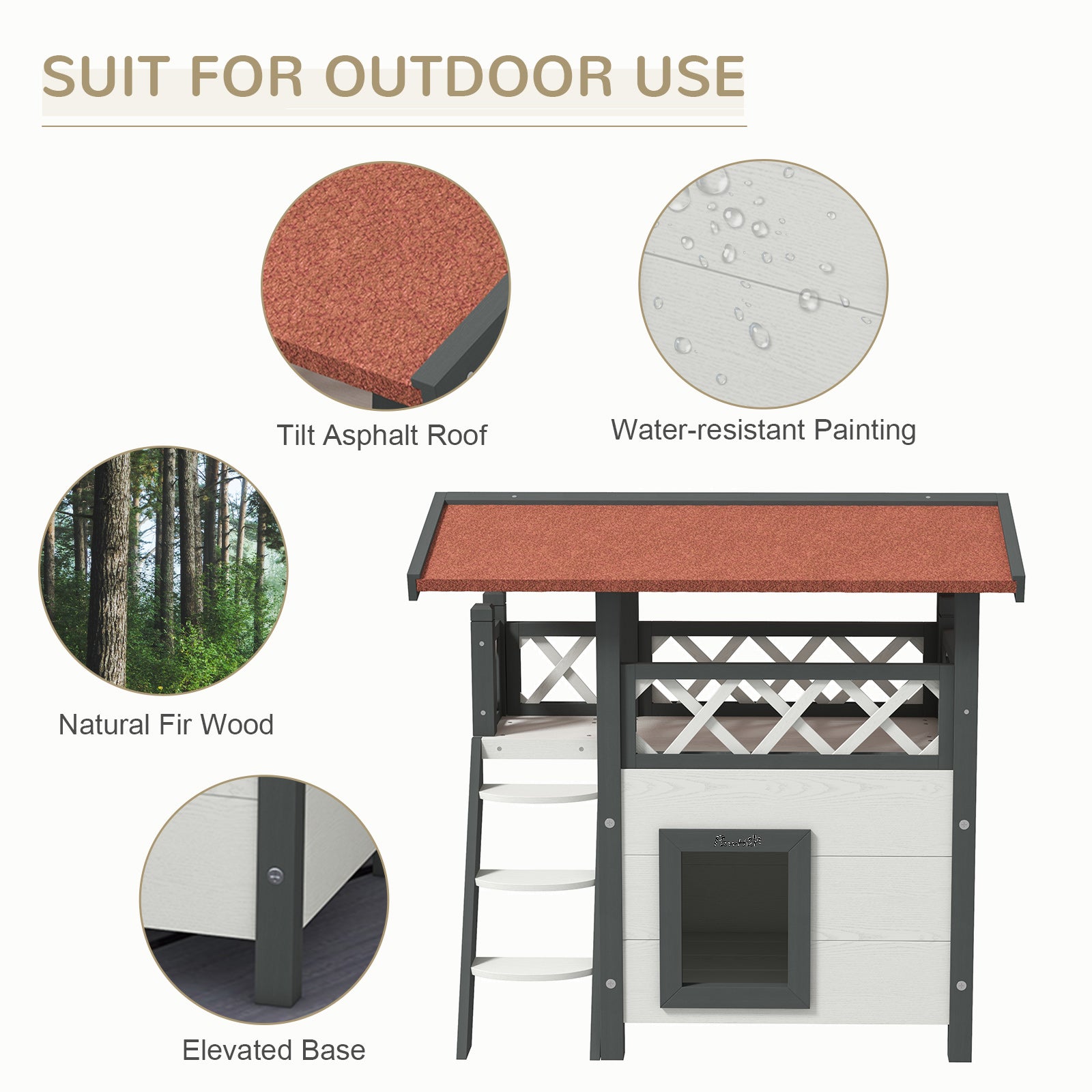 PawHut Cat House Outdoor, Wooden Feral Cat House with Balcony Stairs Asphalt Waterproof 77L x 50W x 73Hcm - White