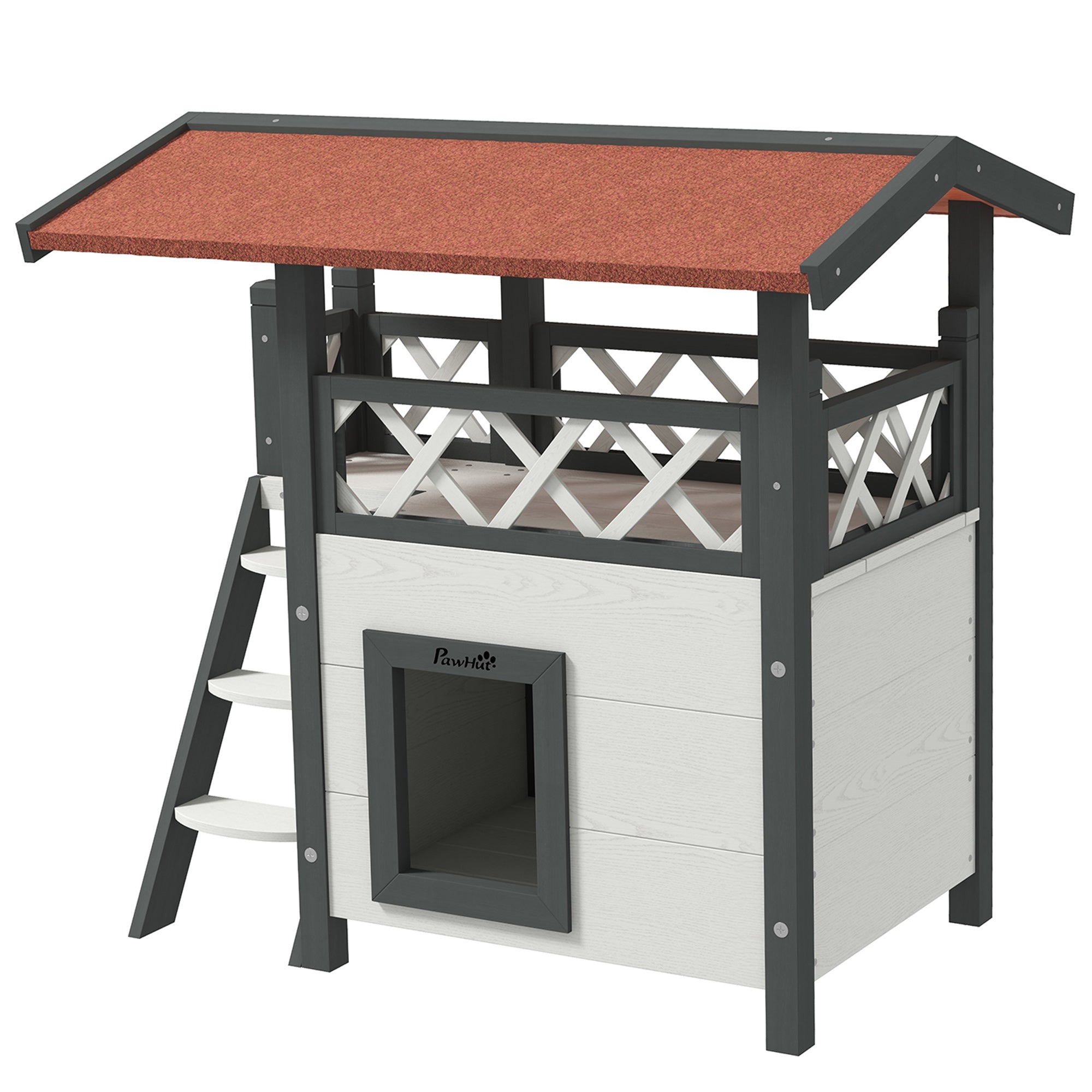 PawHut Cat House Outdoor, Wooden Feral Cat House with Balcony Stairs Asphalt Waterproof 77L x 50W x 73Hcm - White