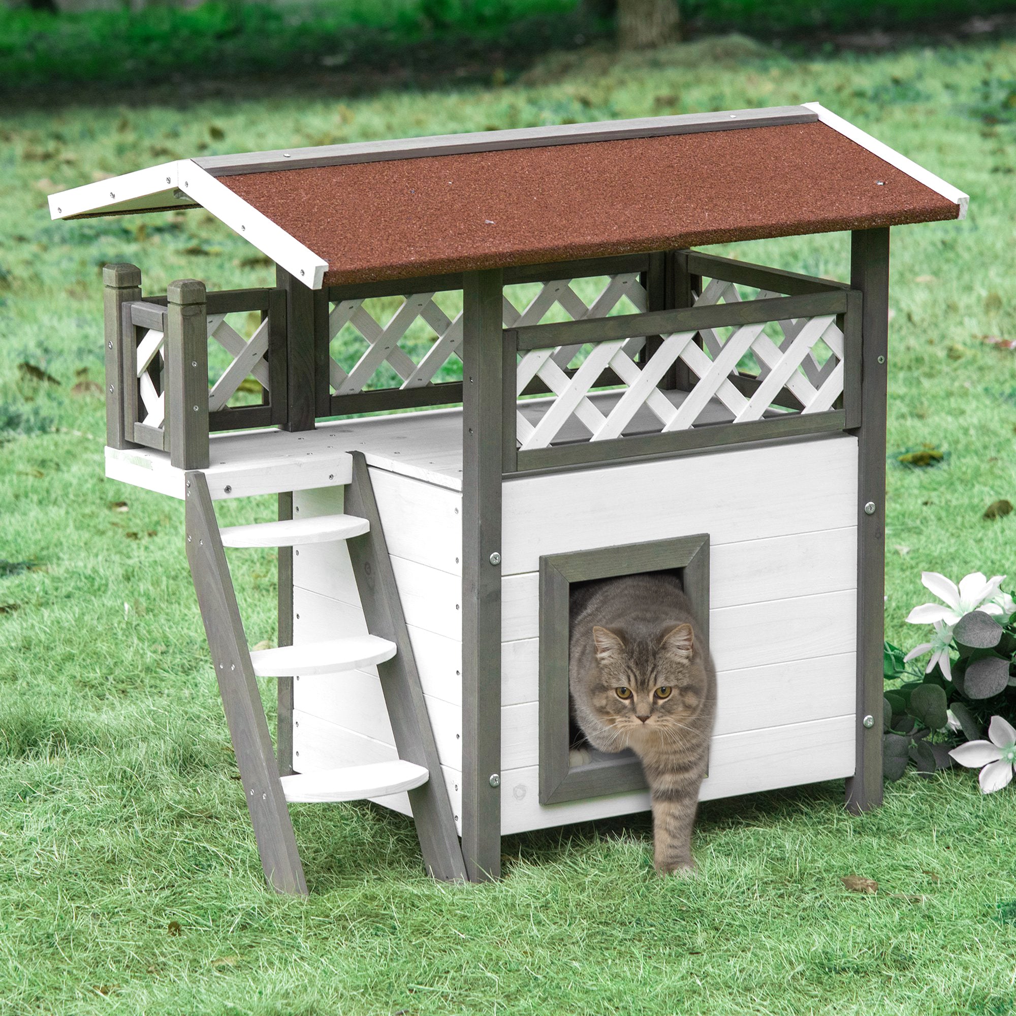 PawHut Outdoor Cat House, 2-Story Shelter for Feral Cats, Wooden Kitten Condo with Asphalt Roof, Stairs, Balcony, 30" x 20" x 29", Grey