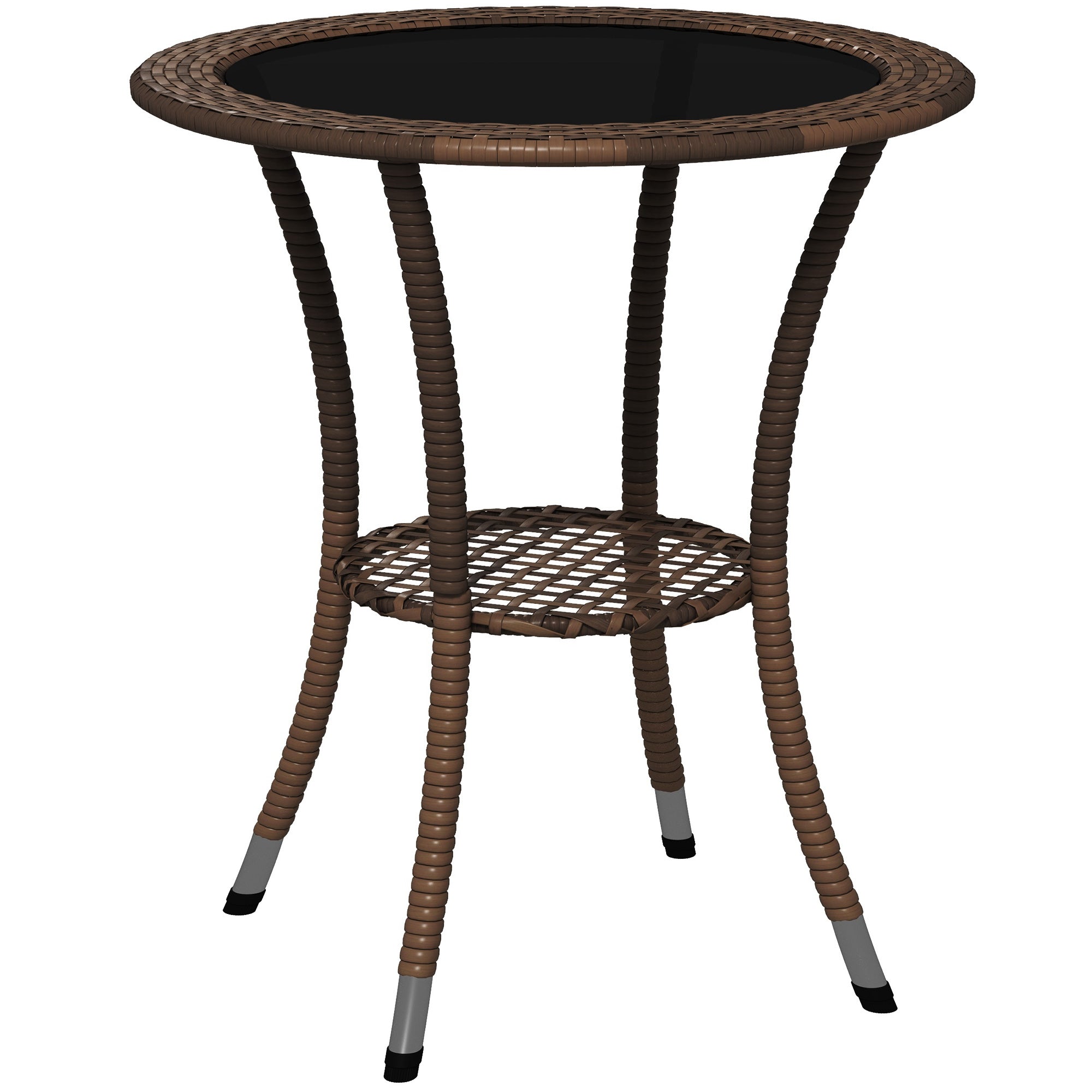 Outsunny 25.2" Outdoor Wicker Dining Table, Rattan Patio Round Coffee Table with 2-Tier Storage Shelf, Metal Frame Side Table with Tempered Glass Top, Brown