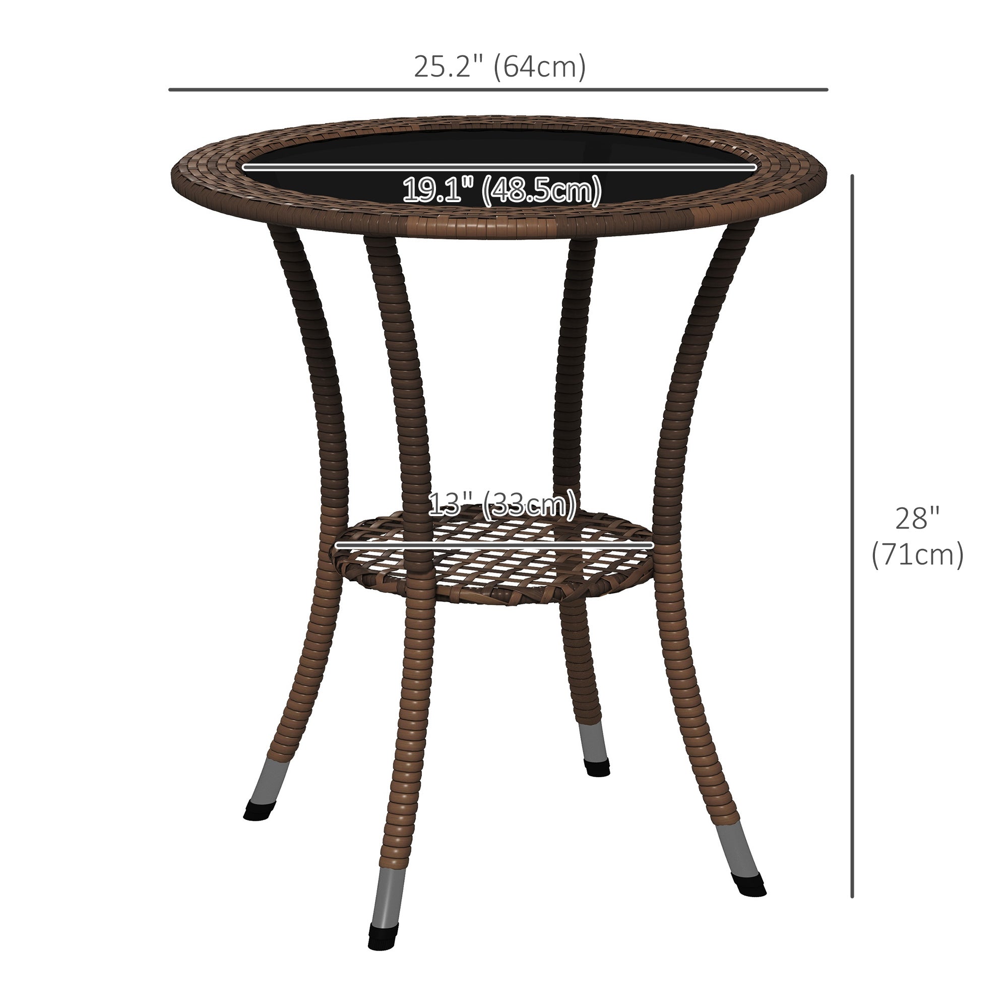 Outsunny 25.2" Outdoor Wicker Dining Table, Rattan Patio Round Coffee Table with 2-Tier Storage Shelf, Metal Frame Side Table with Tempered Glass Top, Brown