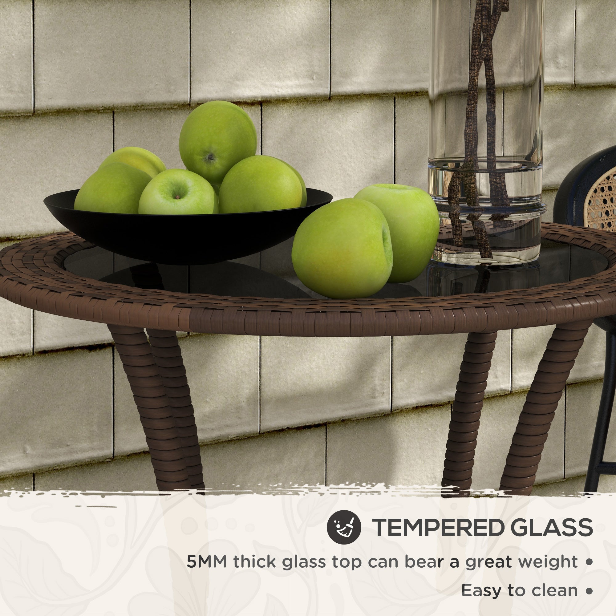 Outsunny 25.2" Outdoor Wicker Dining Table, Rattan Patio Round Coffee Table with 2-Tier Storage Shelf, Metal Frame Side Table with Tempered Glass Top, Brown