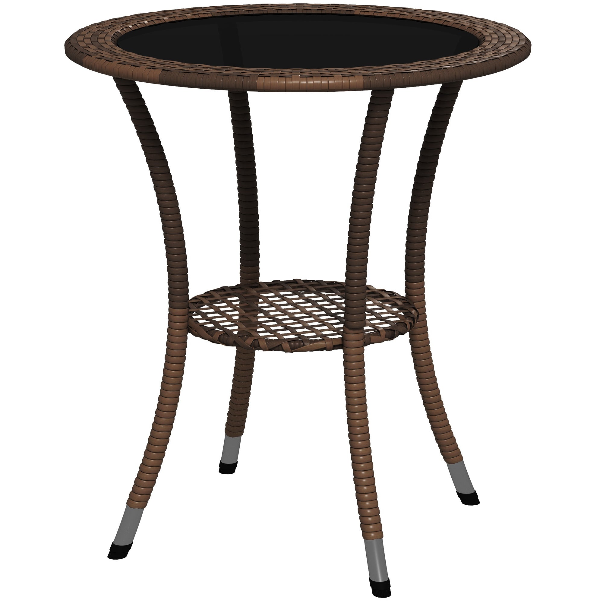 Outsunny 25.2" Outdoor Wicker Dining Table, Rattan Patio Round Coffee Table with 2-Tier Storage Shelf, Metal Frame Side Table with Tempered Glass Top, Brown