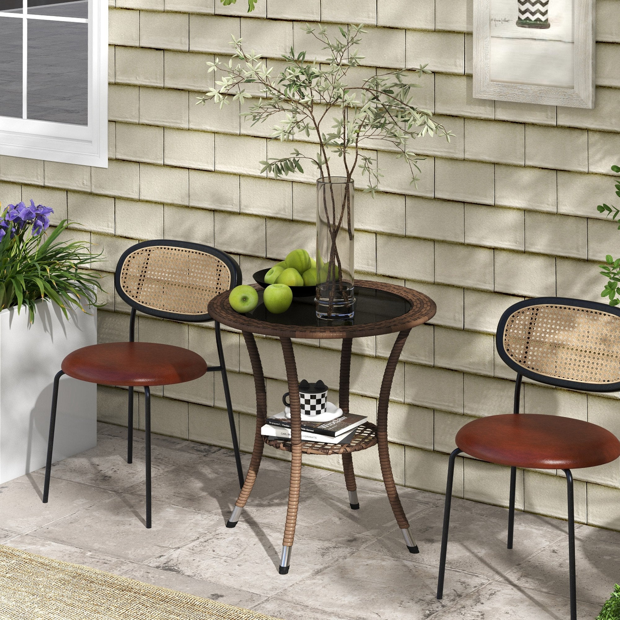 Outsunny 25.2" Outdoor Wicker Dining Table, Rattan Patio Round Coffee Table with 2-Tier Storage Shelf, Metal Frame Side Table with Tempered Glass Top, Brown