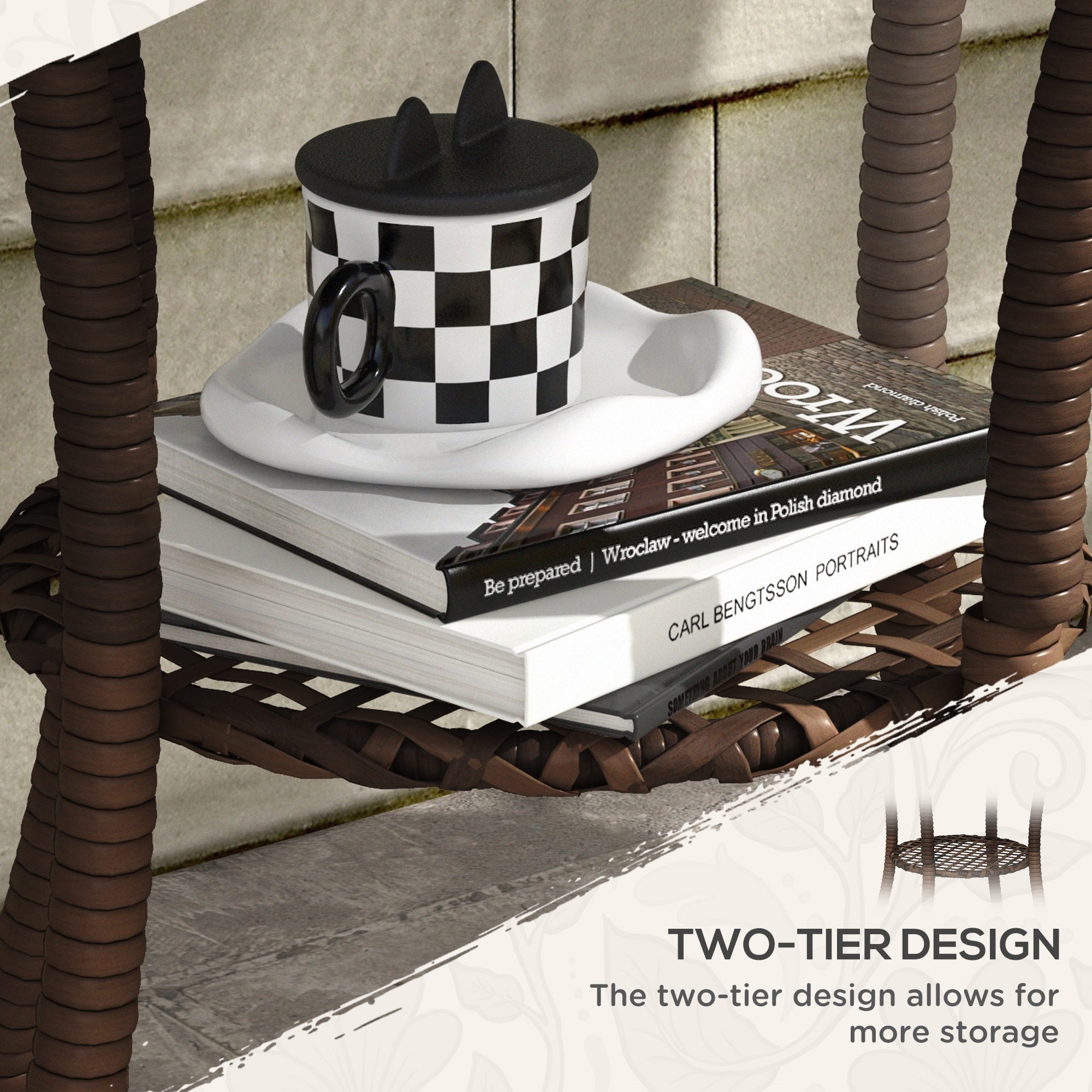 Outsunny 25.2" Outdoor Wicker Dining Table, Rattan Patio Round Coffee Table with 2-Tier Storage Shelf, Metal Frame Side Table with Tempered Glass Top, Brown