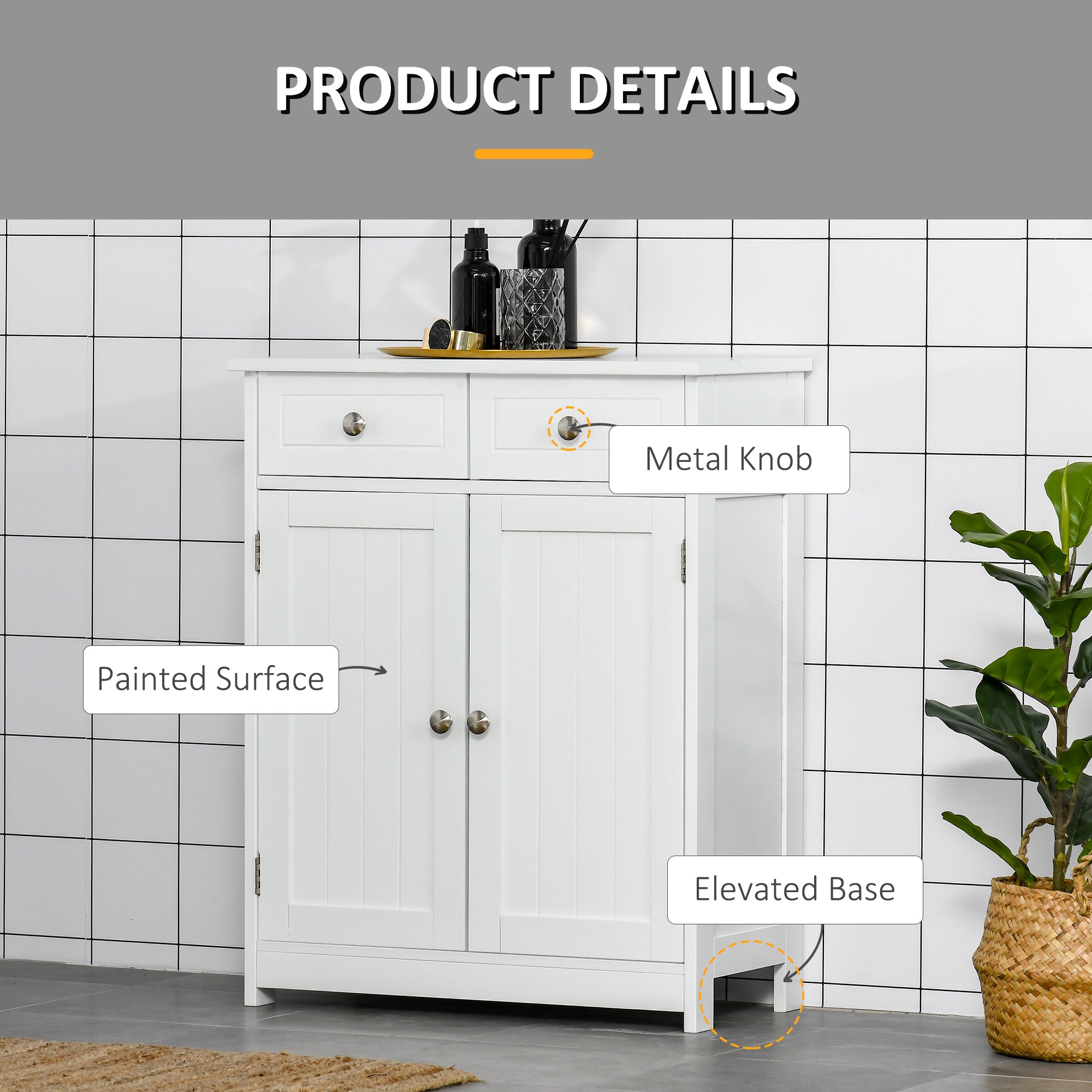 kleankin Bathroom Storage Cabinet, Floor Cabinet with 2 Doors, 2 Drawers, Adjustable Shelf for Washroom, White
