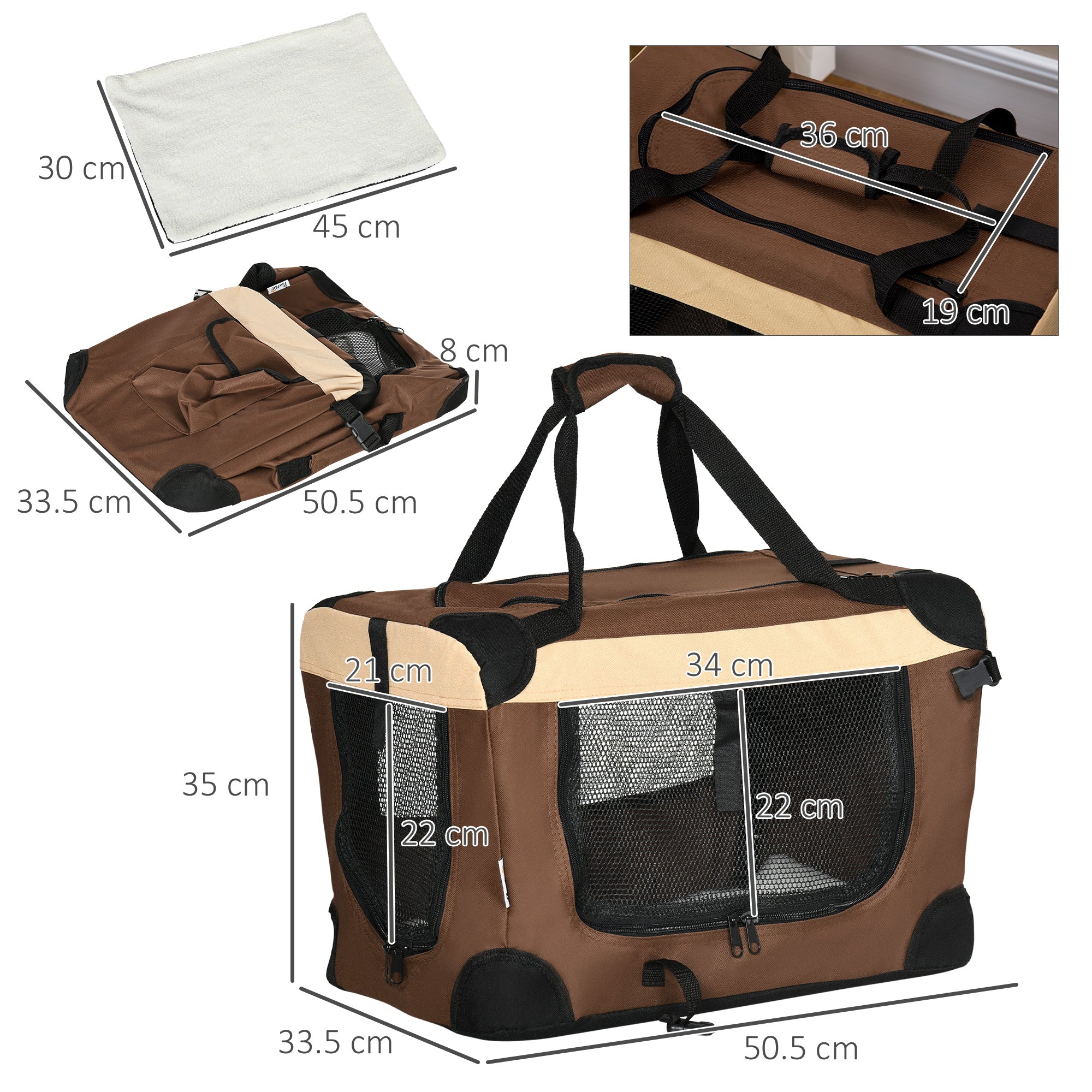 PawHut 51cm Foldable Pet Carrier for Miniature Dogs, Portable Cat Carrier Soft Side Pet Travel Crate with Removable Mat, Breathable Mesh - Brown