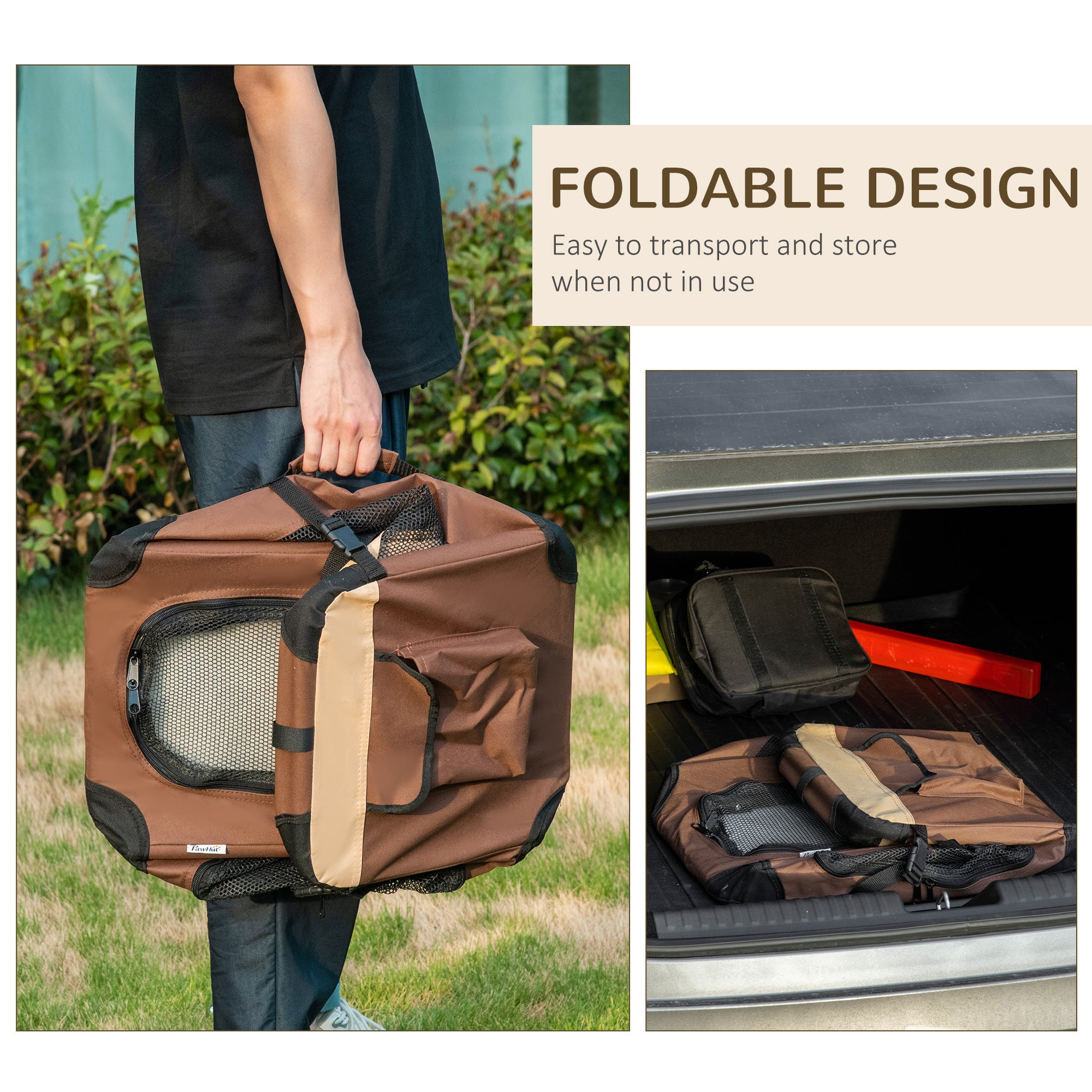 PawHut 51cm Foldable Pet Carrier for Miniature Dogs, Portable Cat Carrier Soft Side Pet Travel Crate with Removable Mat, Breathable Mesh - Brown