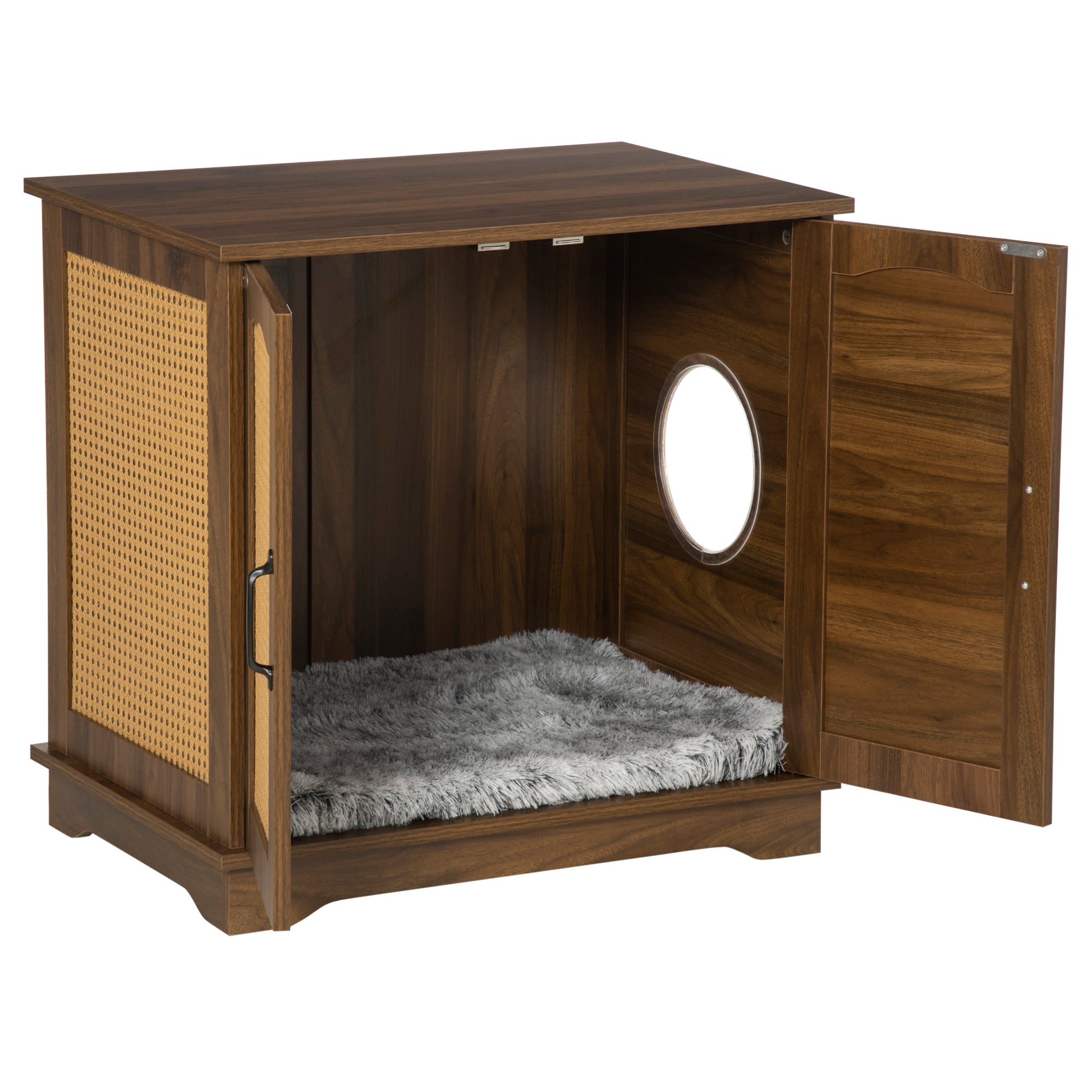 PawHut 3-in-1 Cat Litter Box Furniture Hidden, Cat Cabinet Bed, End Table with Rattan, Kitty Bed with Plush Foam Cushion, Modern Cat Bedding House with End Table Use, Walnut