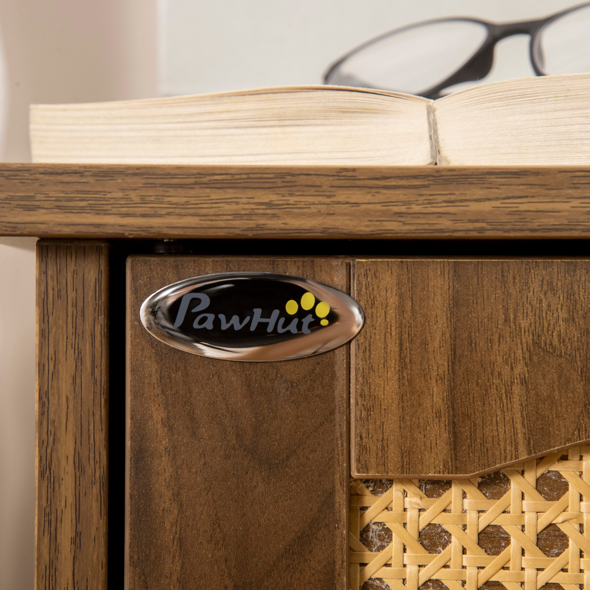 PawHut 3-in-1 Cat Litter Box Furniture Hidden, Cat Cabinet Bed, End Table with Rattan, Kitty Bed with Plush Foam Cushion, Modern Cat Bedding House with End Table Use, Walnut