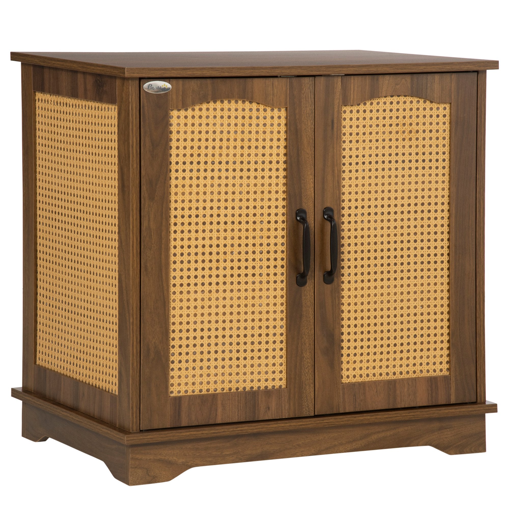 PawHut 3-in-1 Cat Litter Box Furniture Hidden, Cat Cabinet Bed, End Table with Rattan, Kitty Bed with Plush Foam Cushion, Modern Cat Bedding House with End Table Use, Walnut