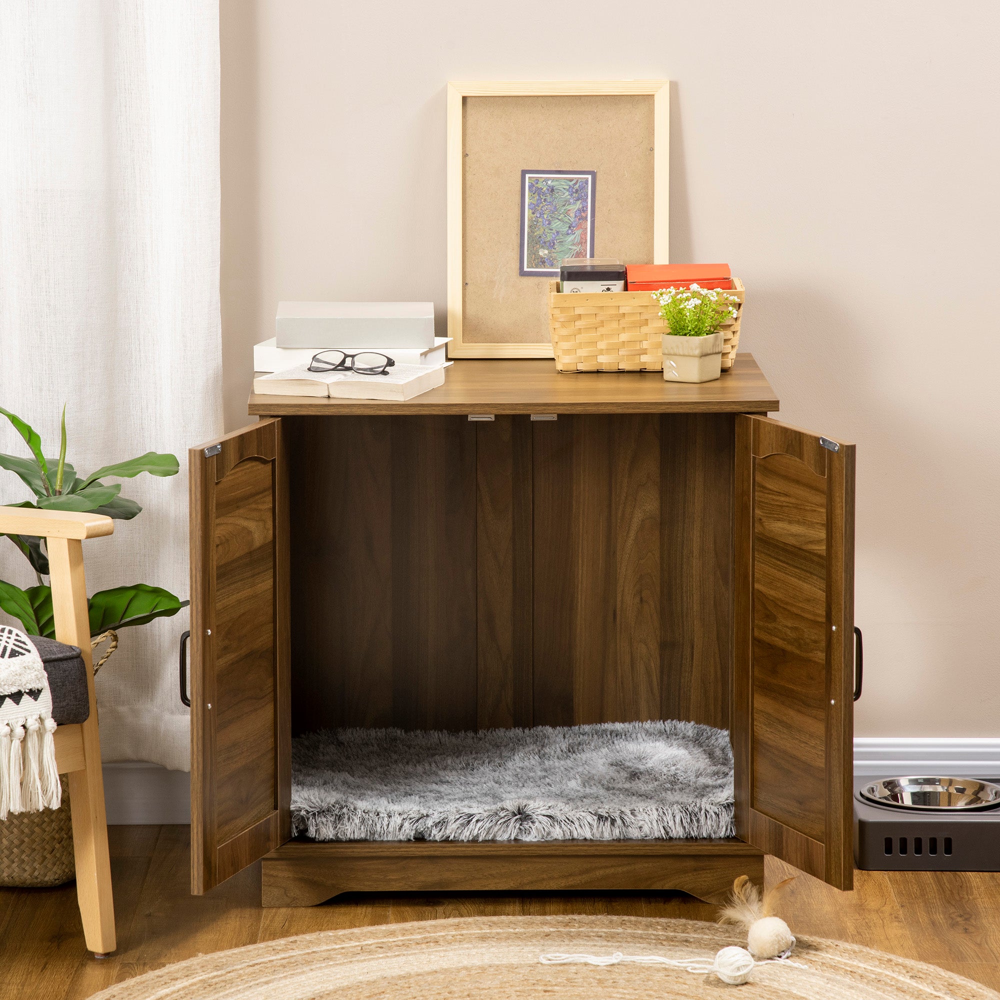 PawHut 3-in-1 Cat Litter Box Furniture Hidden, Cat Cabinet Bed, End Table with Rattan, Kitty Bed with Plush Foam Cushion, Modern Cat Bedding House with End Table Use, Walnut