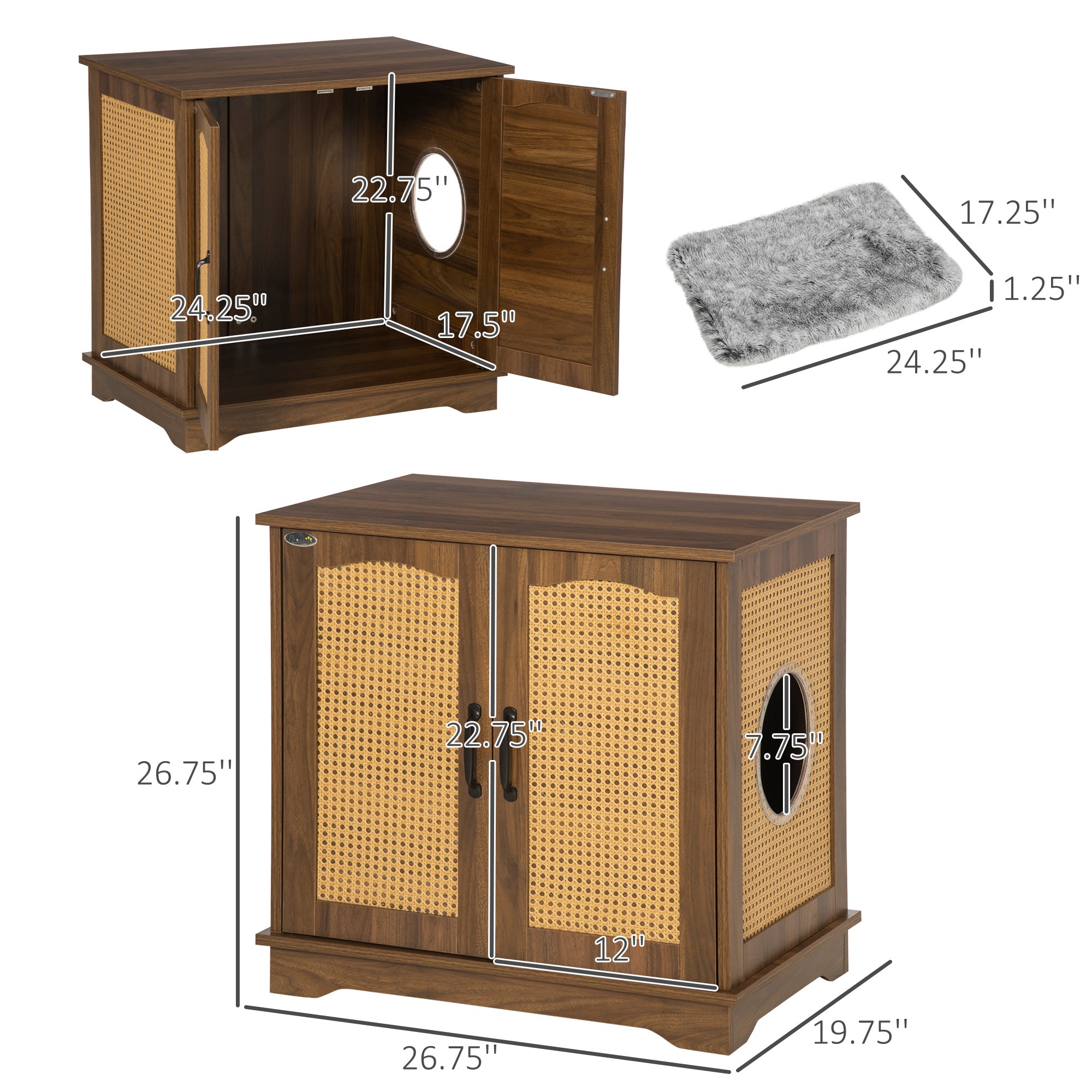 PawHut 3-in-1 Cat Litter Box Furniture Hidden, Cat Cabinet Bed, End Table with Rattan, Kitty Bed with Plush Foam Cushion, Modern Cat Bedding House with End Table Use, Walnut