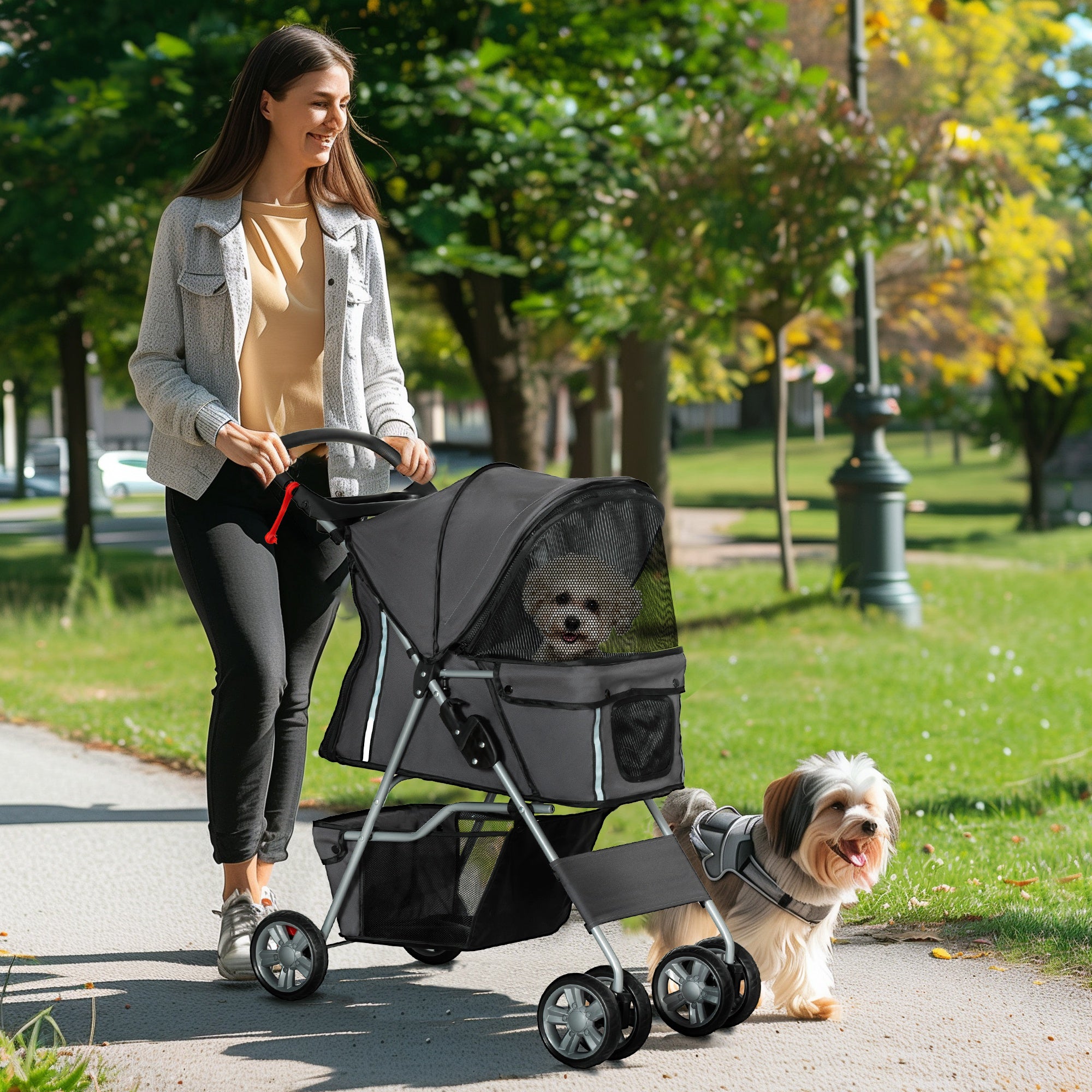 PawHut Pet Stroller for Small Miniature Dogs Cats Foldable Travel Carriage with Wheels Zipper Entry Cup Holder Storage Basket Grey