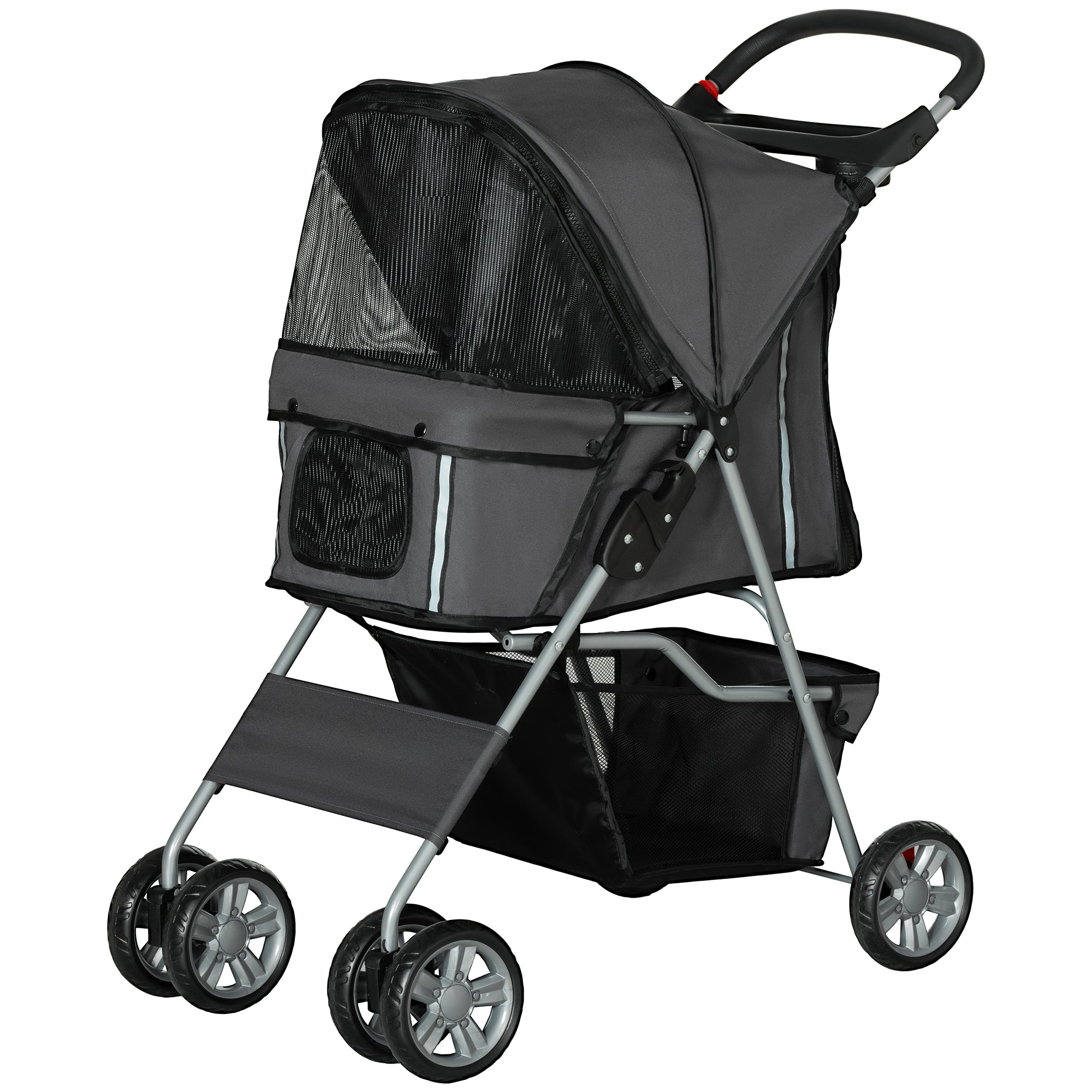 PawHut Pet Stroller for Small Miniature Dogs Cats Foldable Travel Carriage with Wheels Zipper Entry Cup Holder Storage Basket Grey