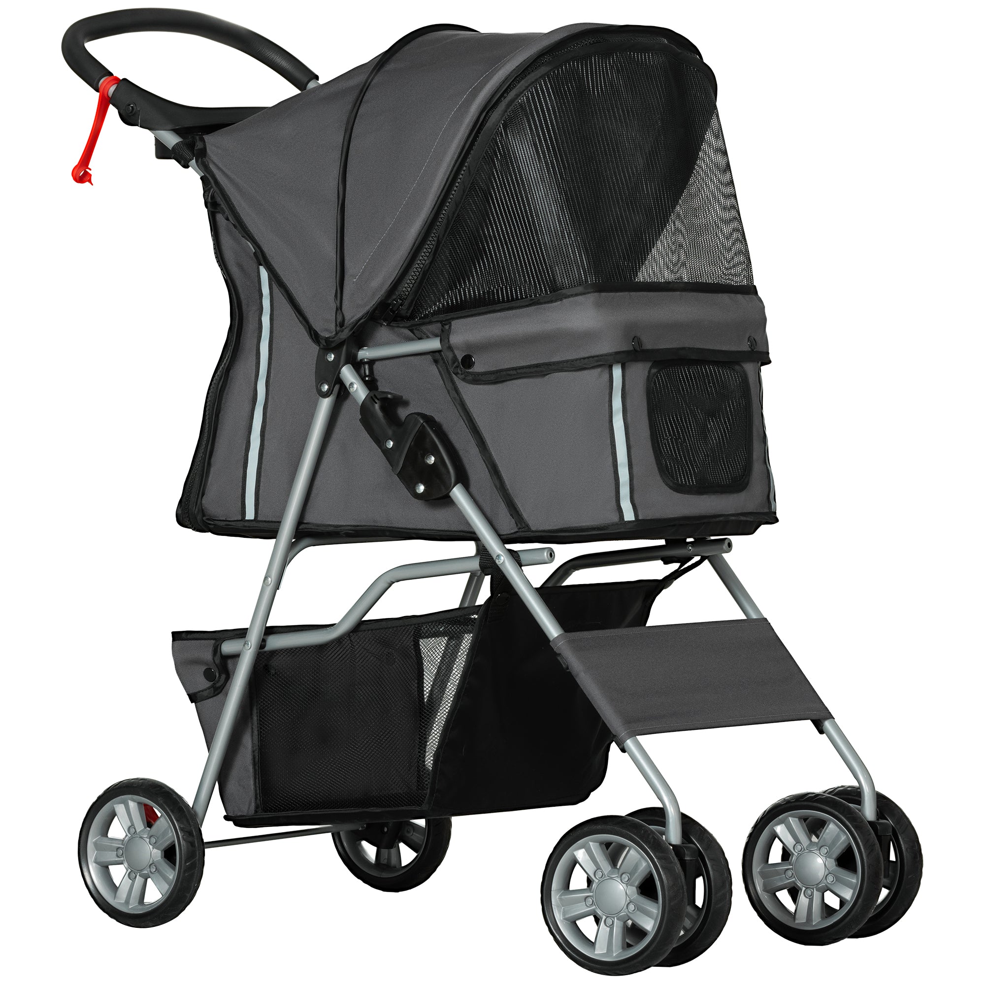 PawHut Pet Stroller for Small Miniature Dogs Cats Foldable Travel Carriage with Wheels Zipper Entry Cup Holder Storage Basket Grey