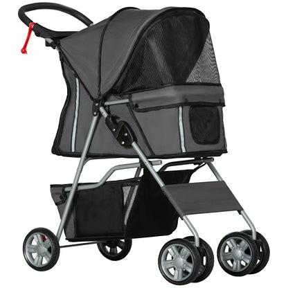PawHut Pet Stroller for Small Miniature Dogs Cats Foldable Travel Carriage with Wheels Zipper Entry Cup Holder Storage Basket Grey