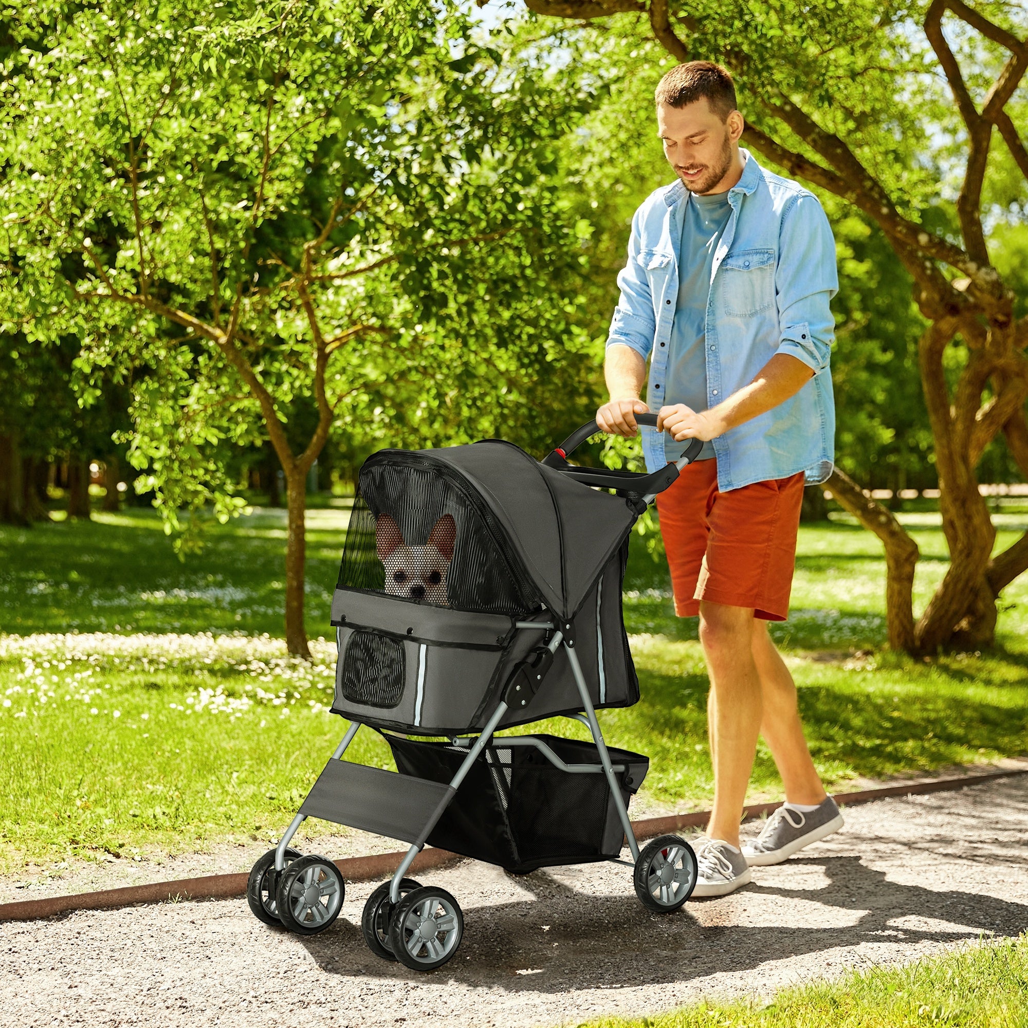 PawHut Pet Stroller for Small Miniature Dogs Cats Foldable Travel Carriage with Wheels Zipper Entry Cup Holder Storage Basket Grey