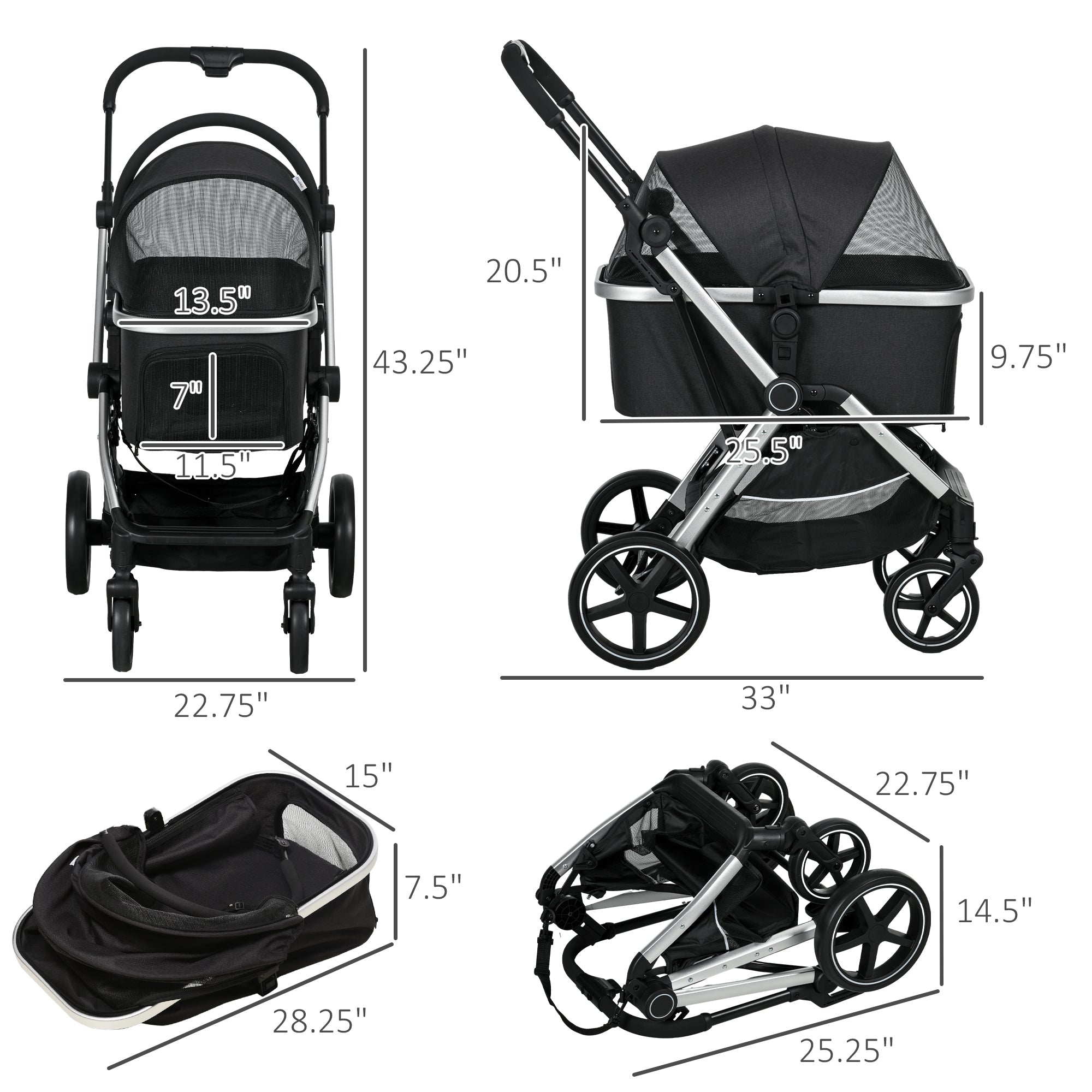 PawHut 3 in 1 Dog Stroller, Folding Pet Stroller with Storage Basket, Removable Carrier, Cushion, Safety Leashes, Cat Stroller for Small Dogs and Cats, Black