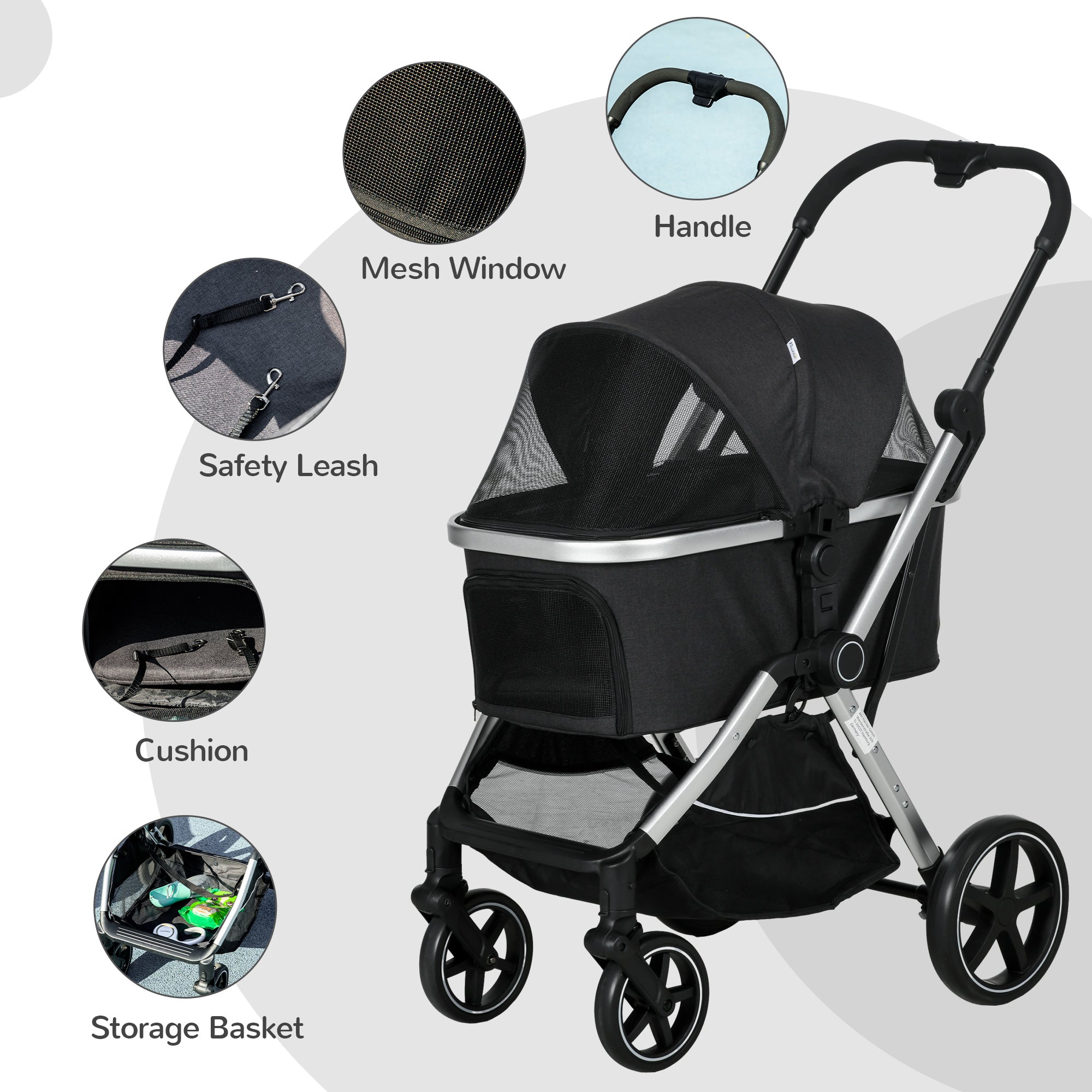 PawHut 3 in 1 Dog Stroller, Folding Pet Stroller with Storage Basket, Removable Carrier, Cushion, Safety Leashes, Cat Stroller for Small Dogs and Cats, Black