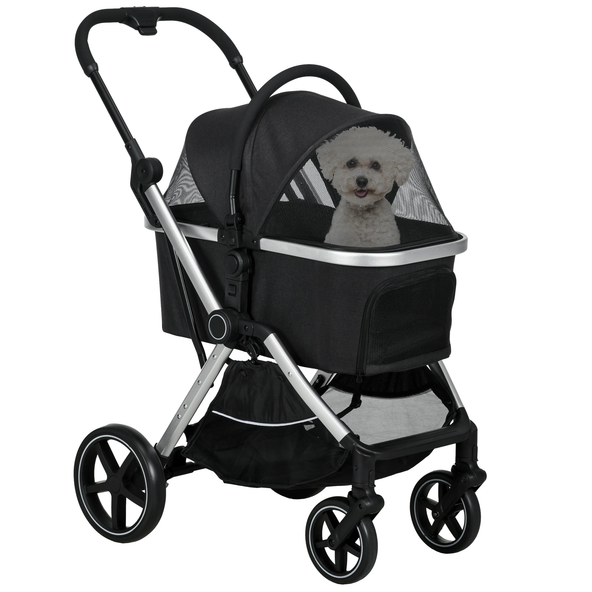 PawHut 3 in 1 Dog Stroller, Folding Pet Stroller with Storage Basket, Removable Carrier, Cushion, Safety Leashes, Cat Stroller for Small Dogs and Cats, Black