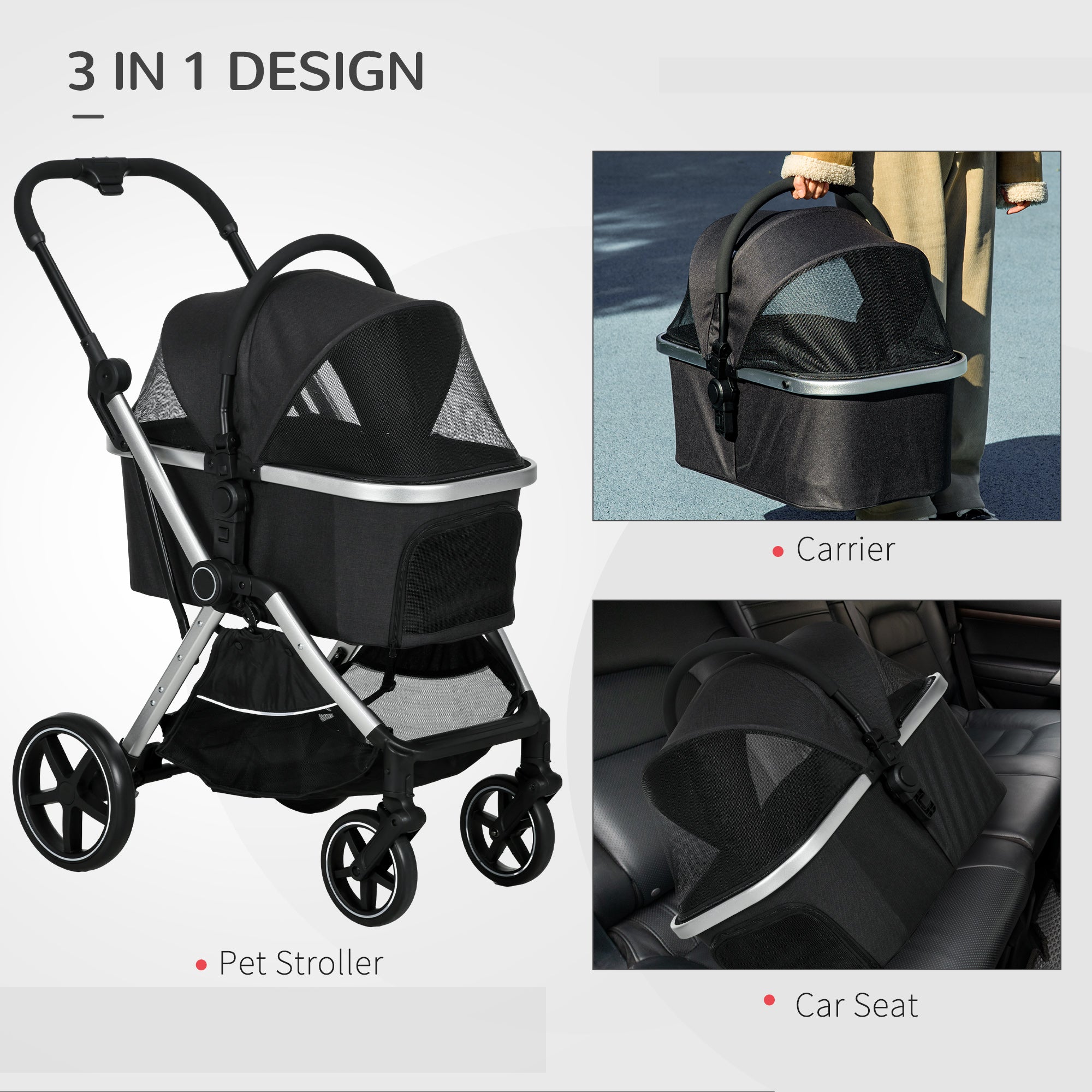 PawHut 3 in 1 Dog Stroller, Folding Pet Stroller with Storage Basket, Removable Carrier, Cushion, Safety Leashes, Cat Stroller for Small Dogs and Cats, Black