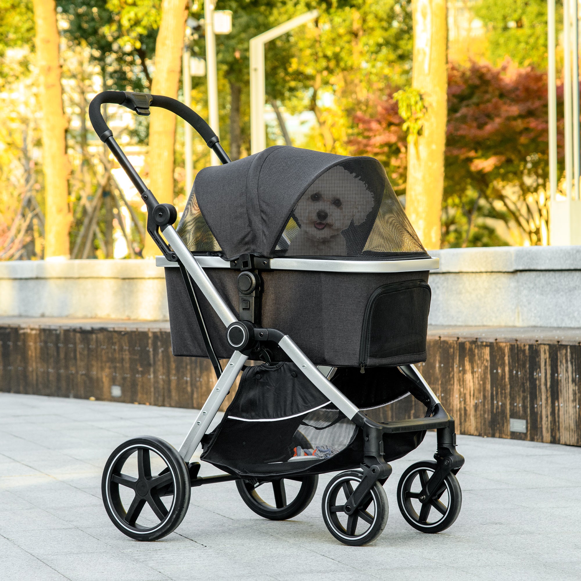 PawHut 3 in 1 Dog Stroller, Folding Pet Stroller with Storage Basket, Removable Carrier, Cushion, Safety Leashes, Cat Stroller for Small Dogs and Cats, Black