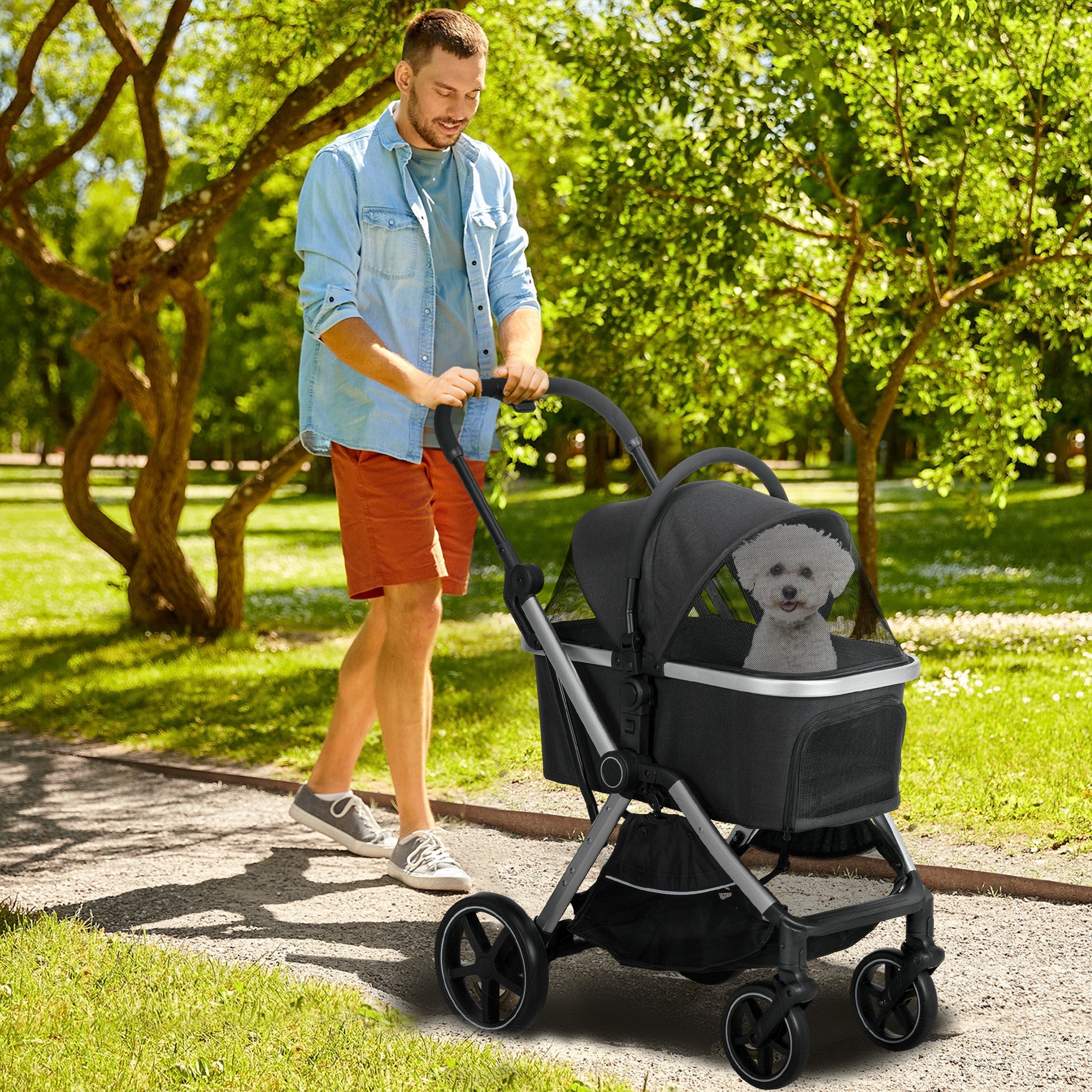 PawHut 3 in 1 Dog Stroller, Folding Pet Stroller with Storage Basket, Removable Carrier, Cushion, Safety Leashes, Cat Stroller for Small Dogs and Cats, Black