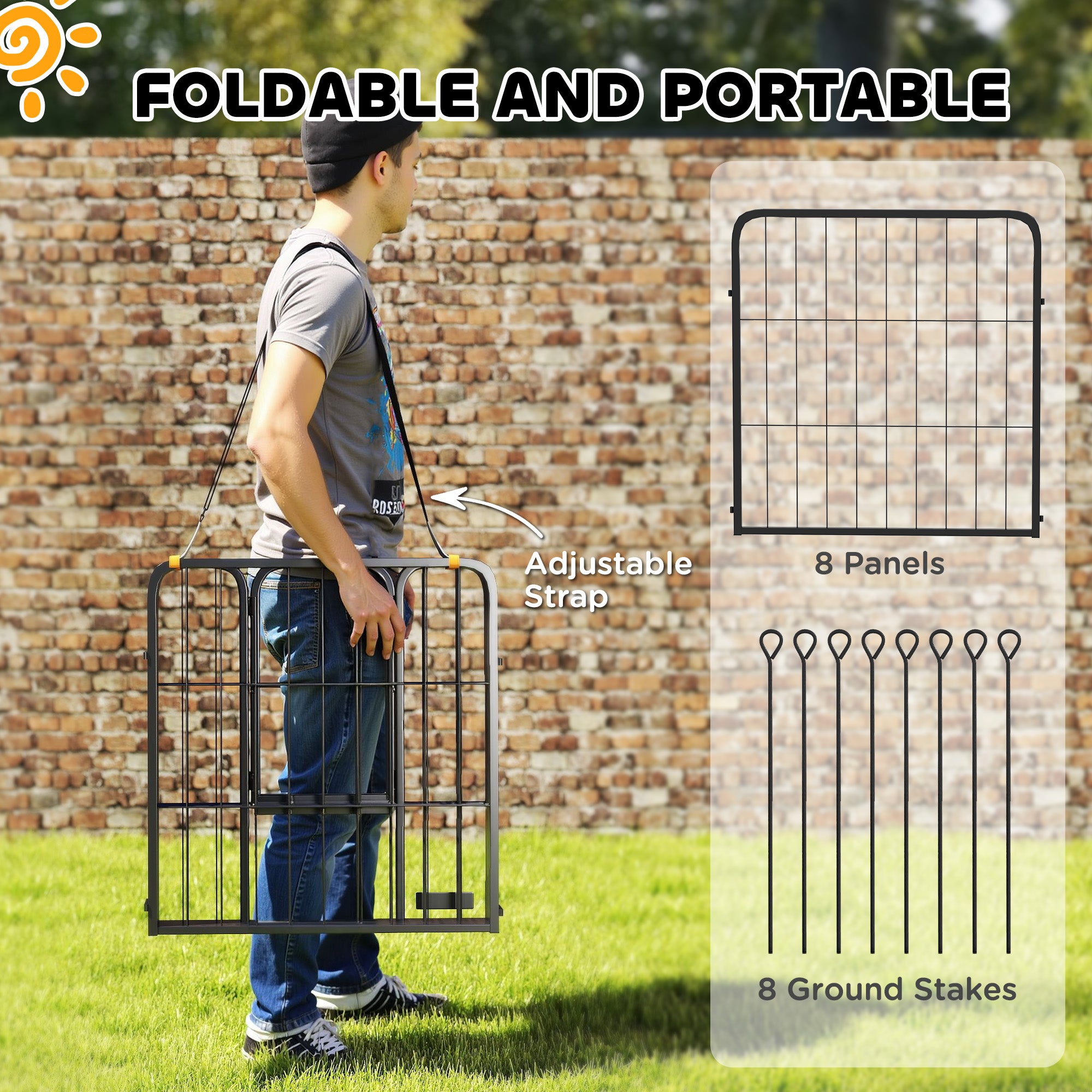 PawHut 8 Panels Dog Playpen, 24" Heavy Duty Dog Pen, Portable & Foldable Dog Fence with Door & Strap for Indoor Outdoor Backyard Garden, Puppy Pet Playpen for Small Dogs