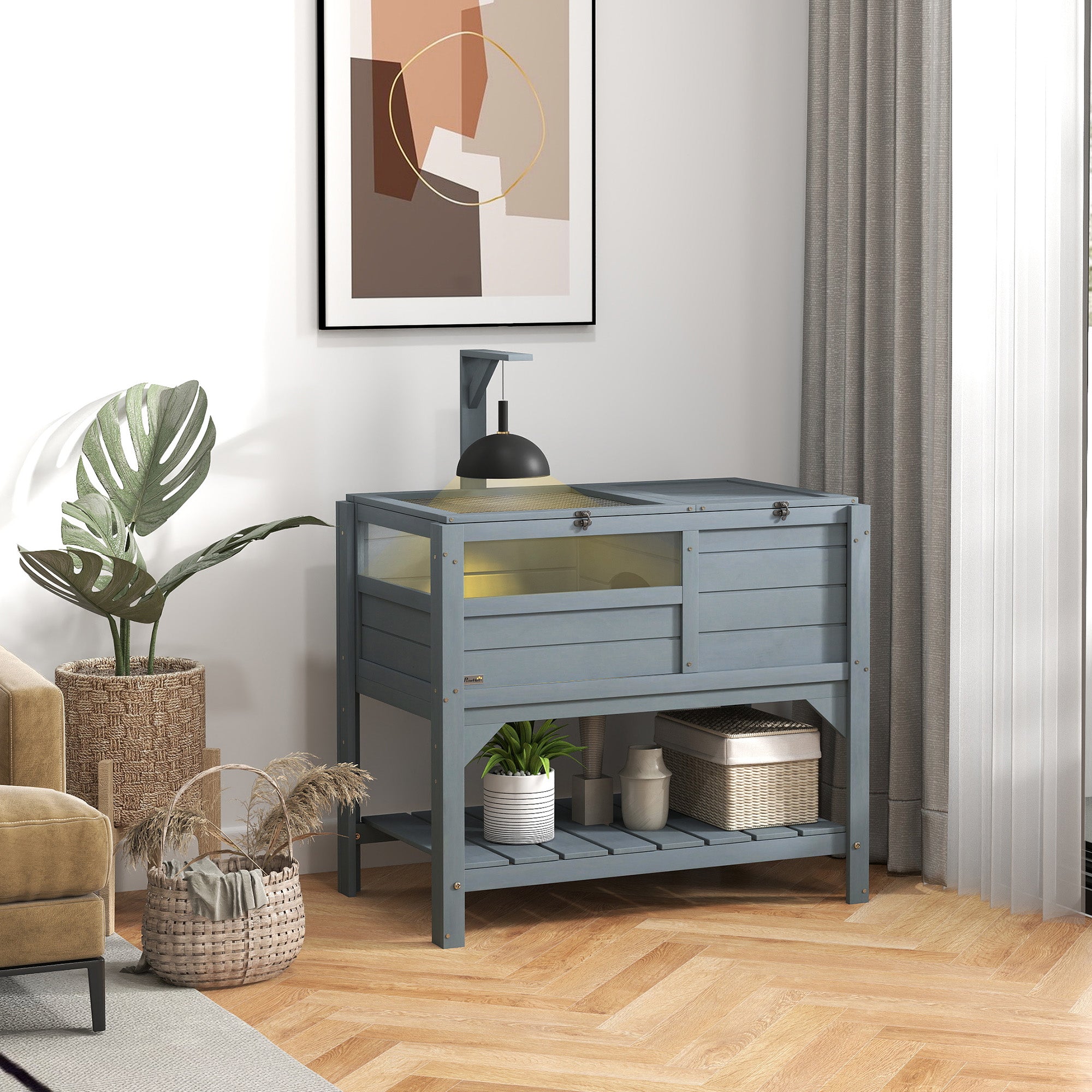 PawHut Tortoise House w/ Shelf, Small Pet Reptile Wooden House w/ Hide Shelter Den and Run, Lamp Holder, Tray, for Indoors, Outdoors - Grey