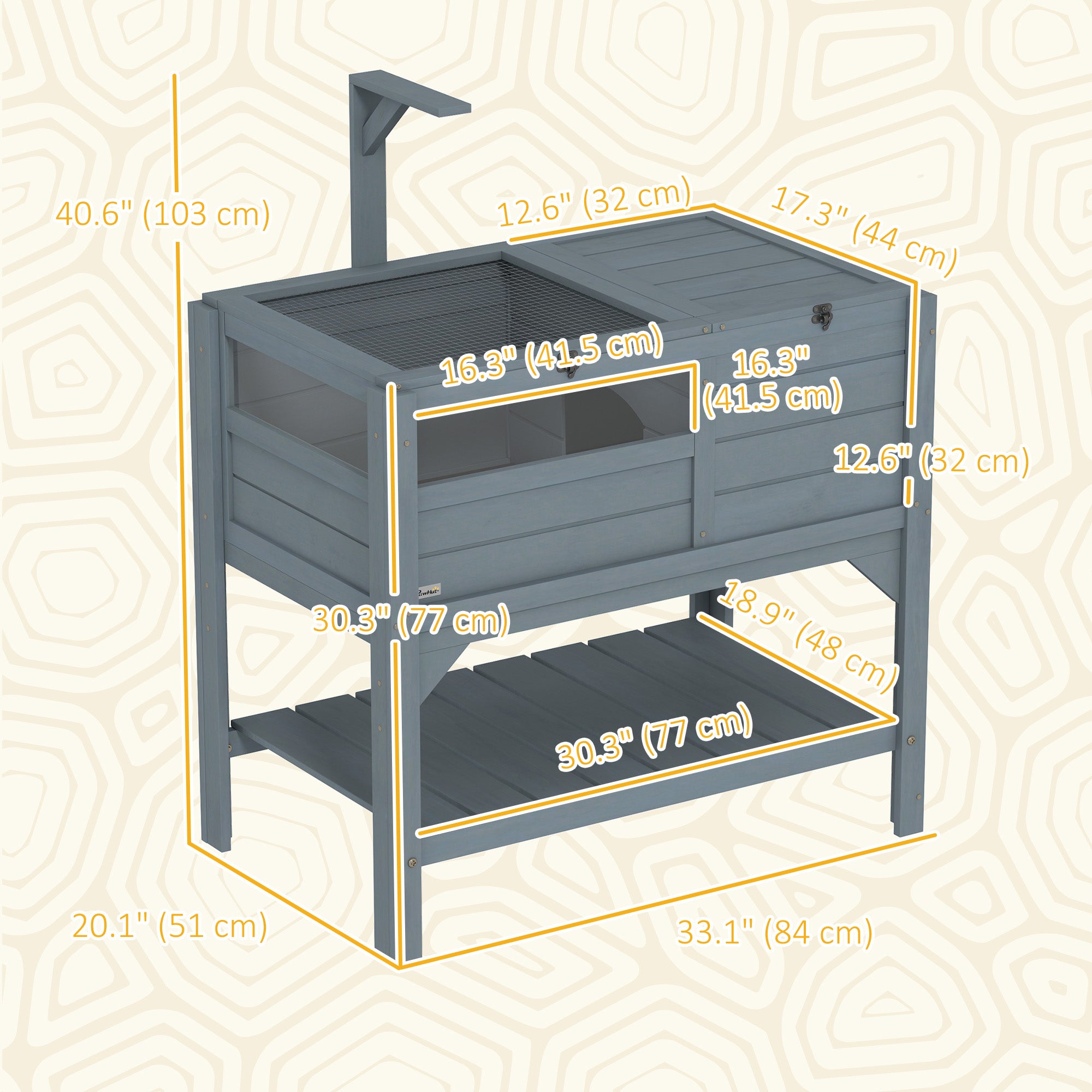 PawHut Wooden Tortoise House Habitat with Shelf, Tortoise Enclosure for Small Animals with Light Support Frame, Reptile Cage with Tray for Indoor Use, 33" L x 20" W x 41" H
