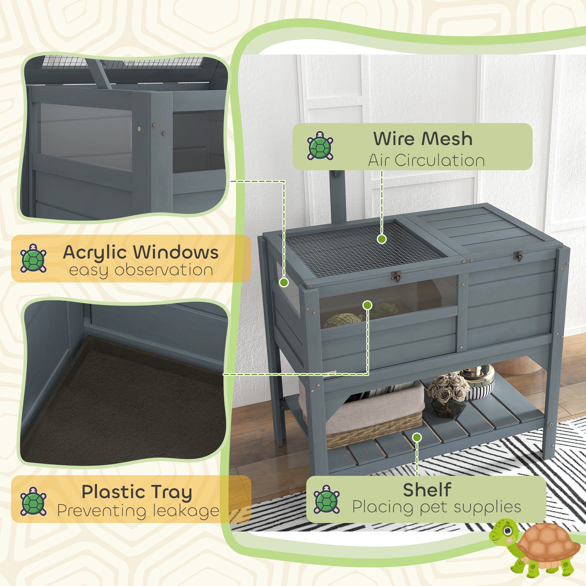 PawHut Wooden Tortoise House Habitat with Shelf, Tortoise Enclosure for Small Animals with Light Support Frame, Reptile Cage with Tray for Indoor Use, 33" L x 20" W x 41" H